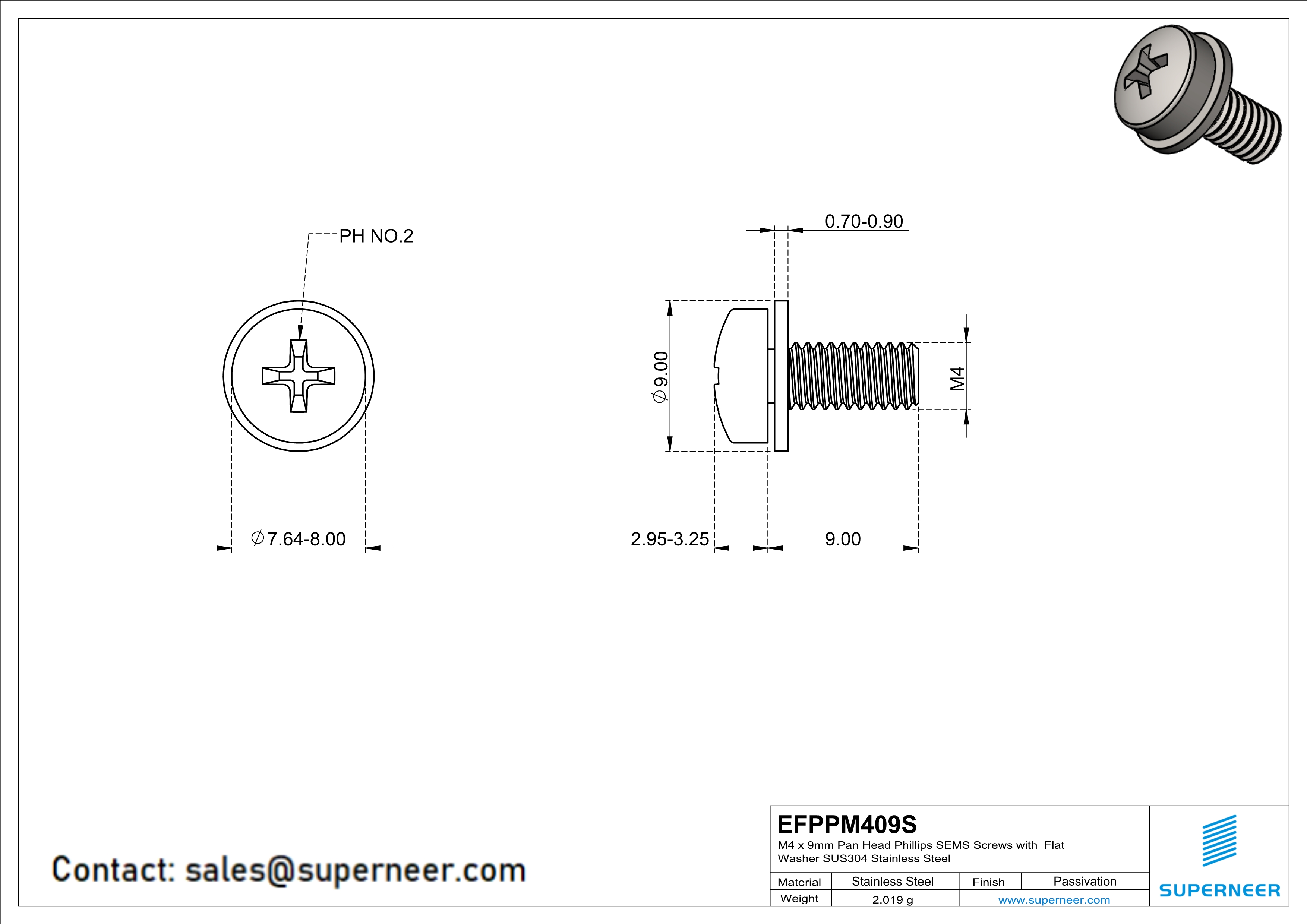 M4 x 9mm Pan Head Phillips SEMS Screws with Flat Washer SUS304 Stainless Steel Inox