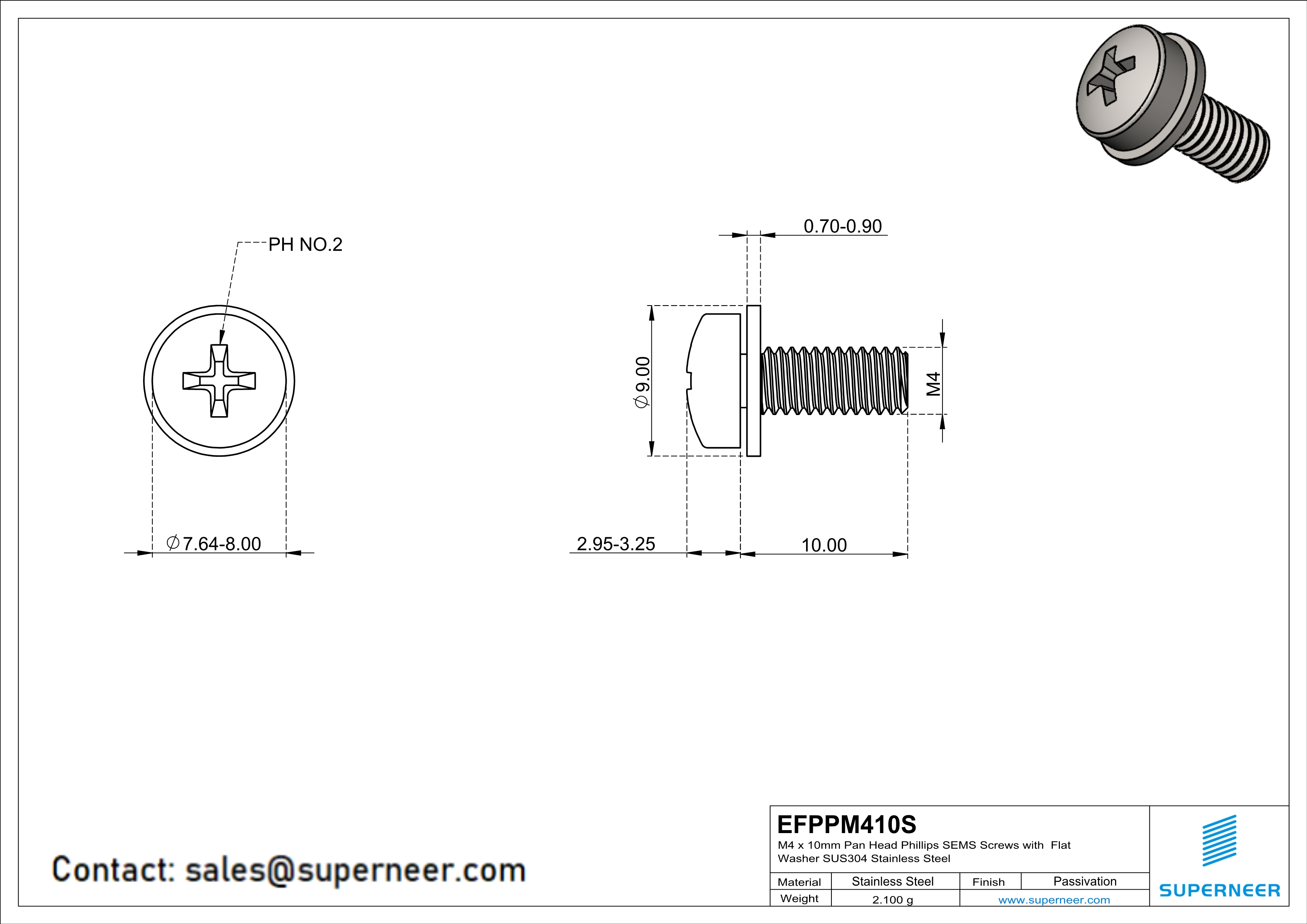 M4 x 10mm Pan Head Phillips SEMS Screws with Flat Washer SUS304 Stainless Steel Inox