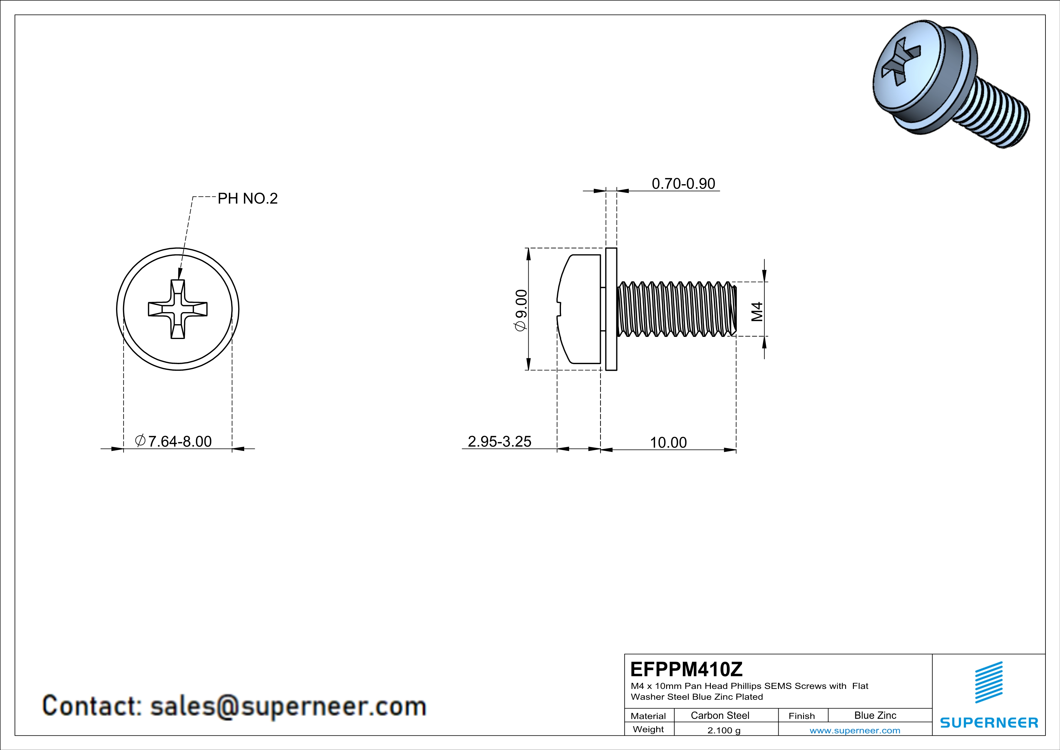 M4 x 10mm Pan Head Phillips SEMS Screws with Flat Washer Steel Blue Zinc Plated