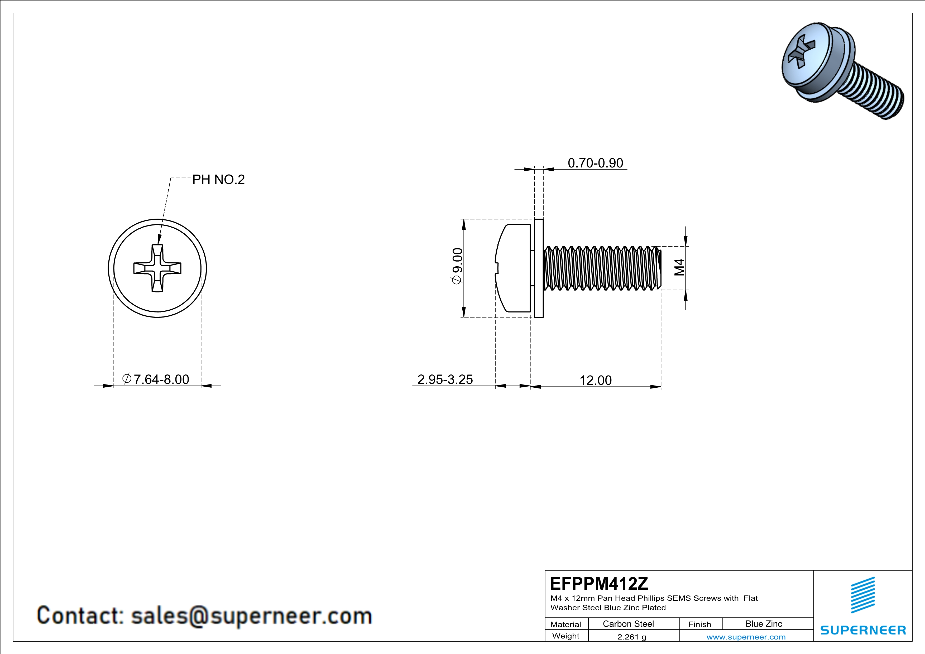 M4 x 12mm Pan Head Phillips SEMS Screws with Flat Washer Steel Blue Zinc Plated