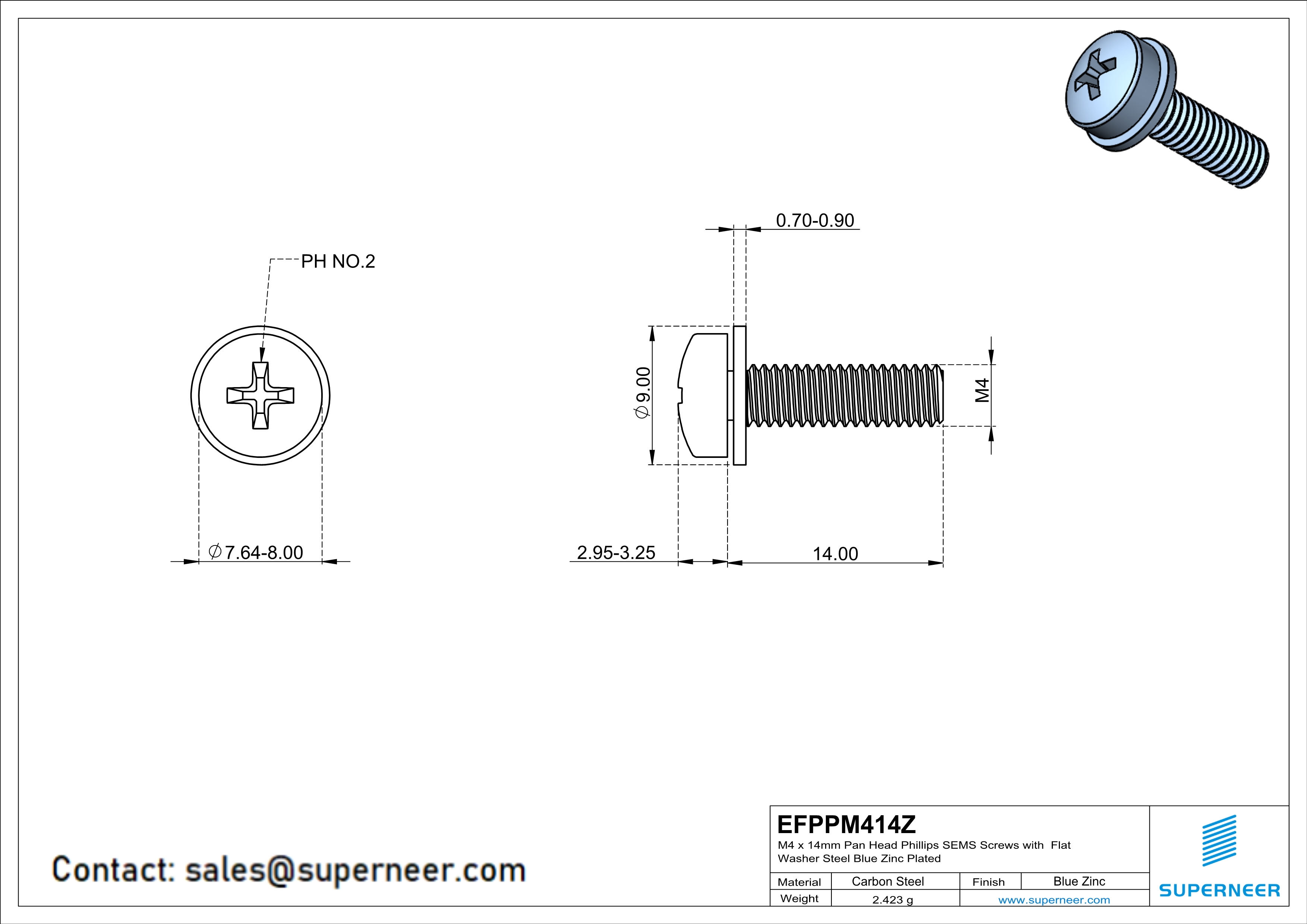 M4 x 14mm Pan Head Phillips SEMS Screws with Flat Washer Steel Blue Zinc Plated