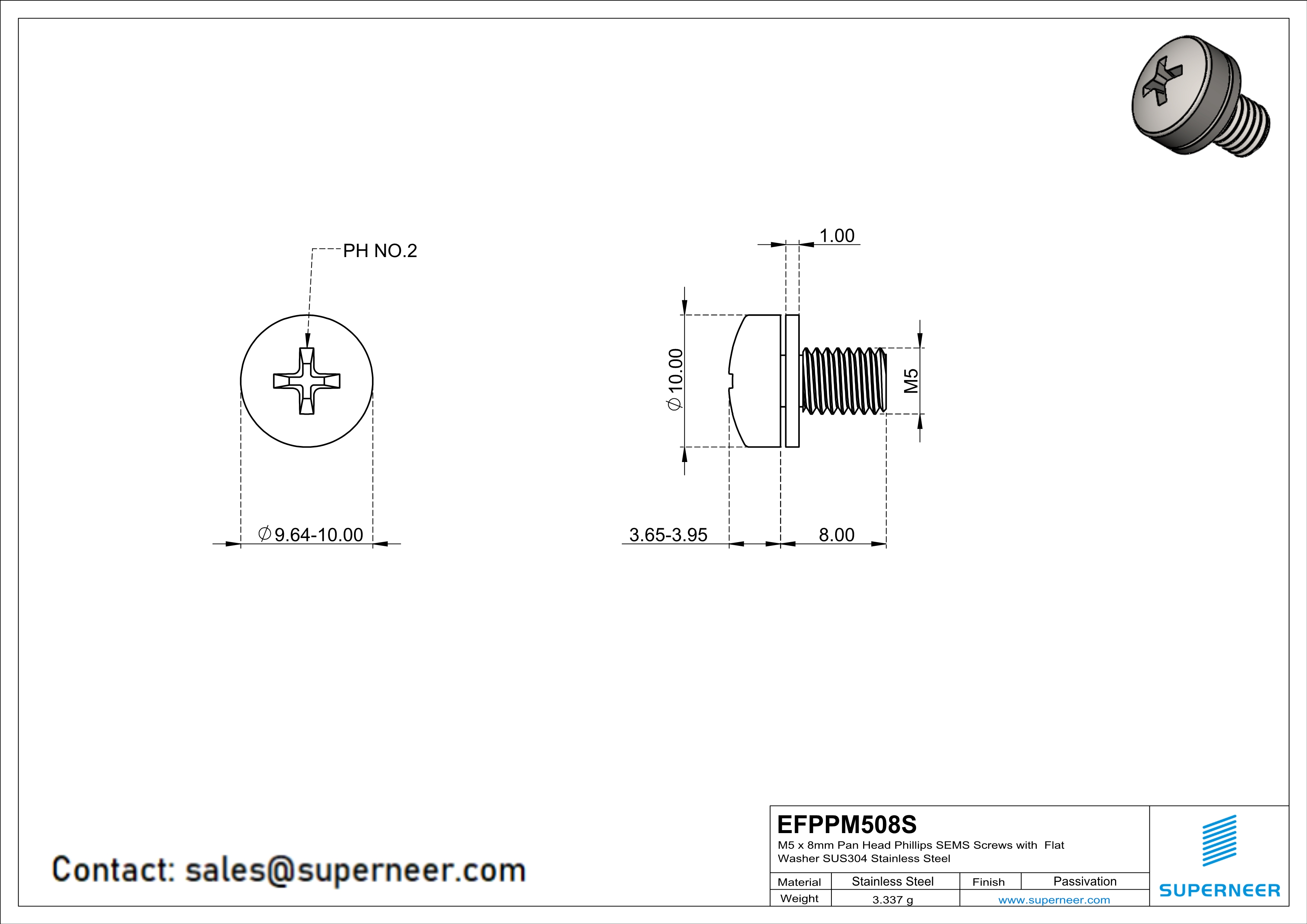 M5 x 8mm Pan Head Phillips SEMS Screws with Flat Washer SUS304 Stainless Steel Inox