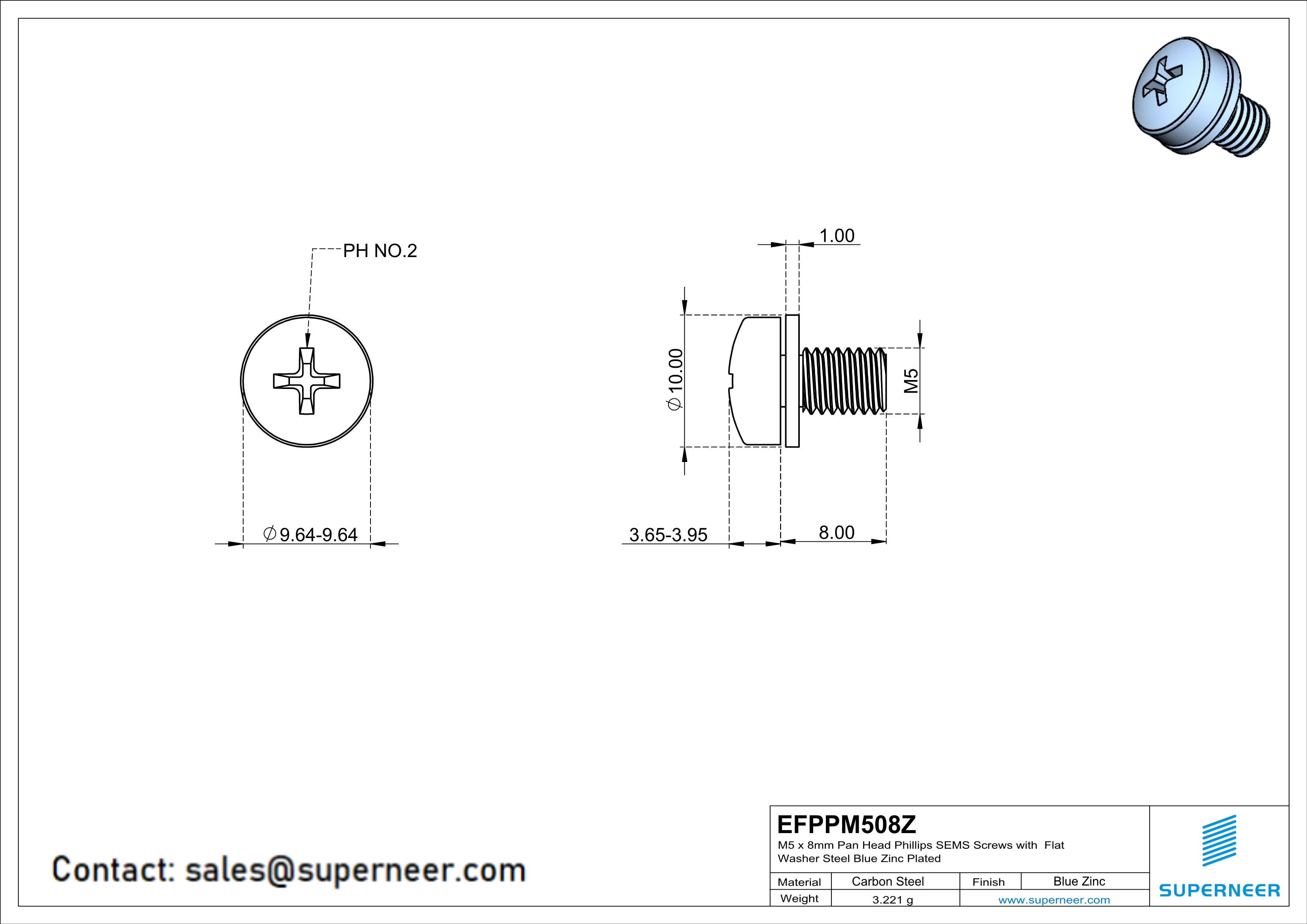 M5 x 8mm Pan Head Phillips SEMS Screws with Flat Washer Steel Blue Zinc Plated