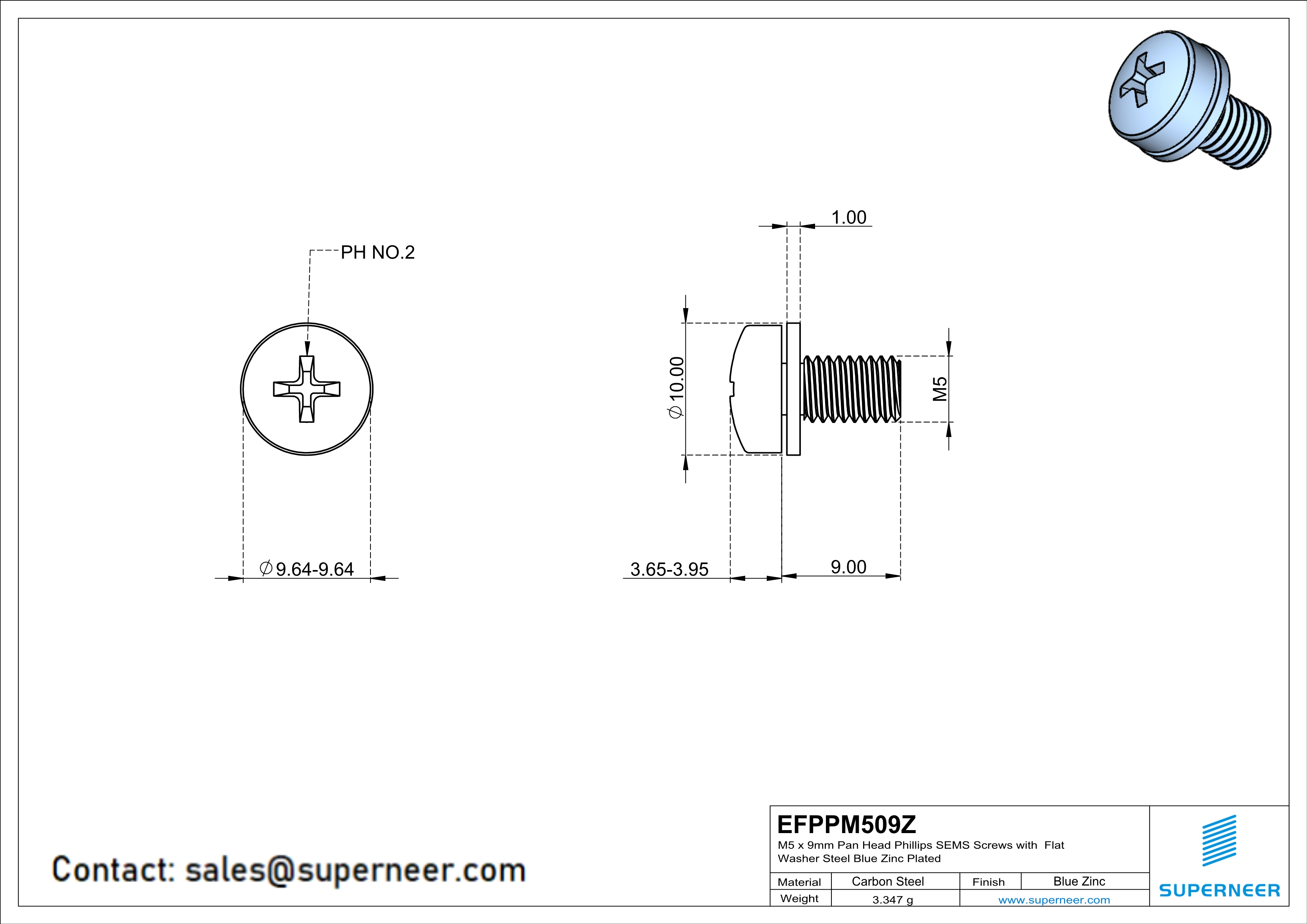 M5 x 9mm Pan Head Phillips SEMS Screws with Flat Washer Steel Blue Zinc Plated