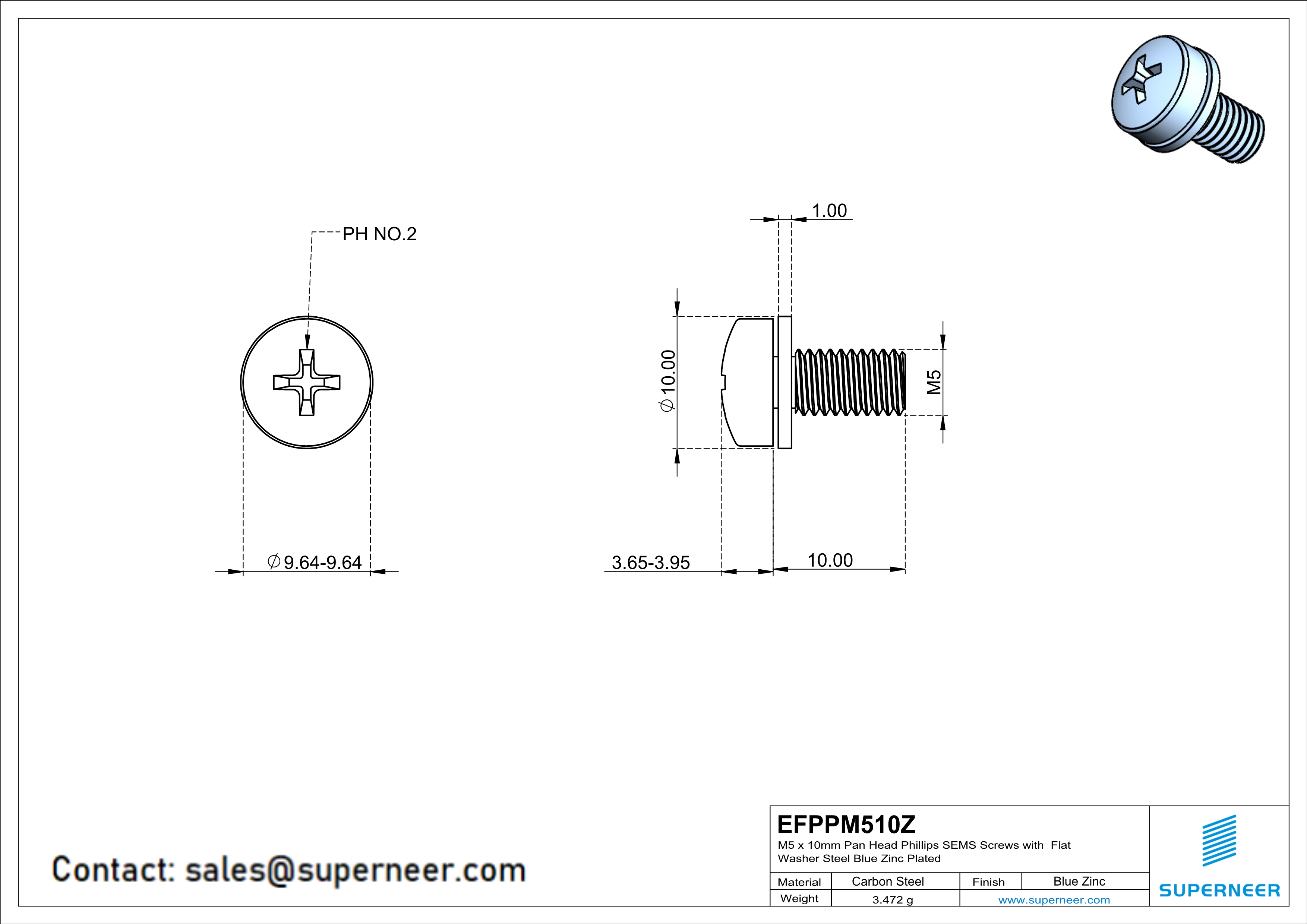 M5 x 10mm Pan Head Phillips SEMS Screws with Flat Washer Steel Blue Zinc Plated