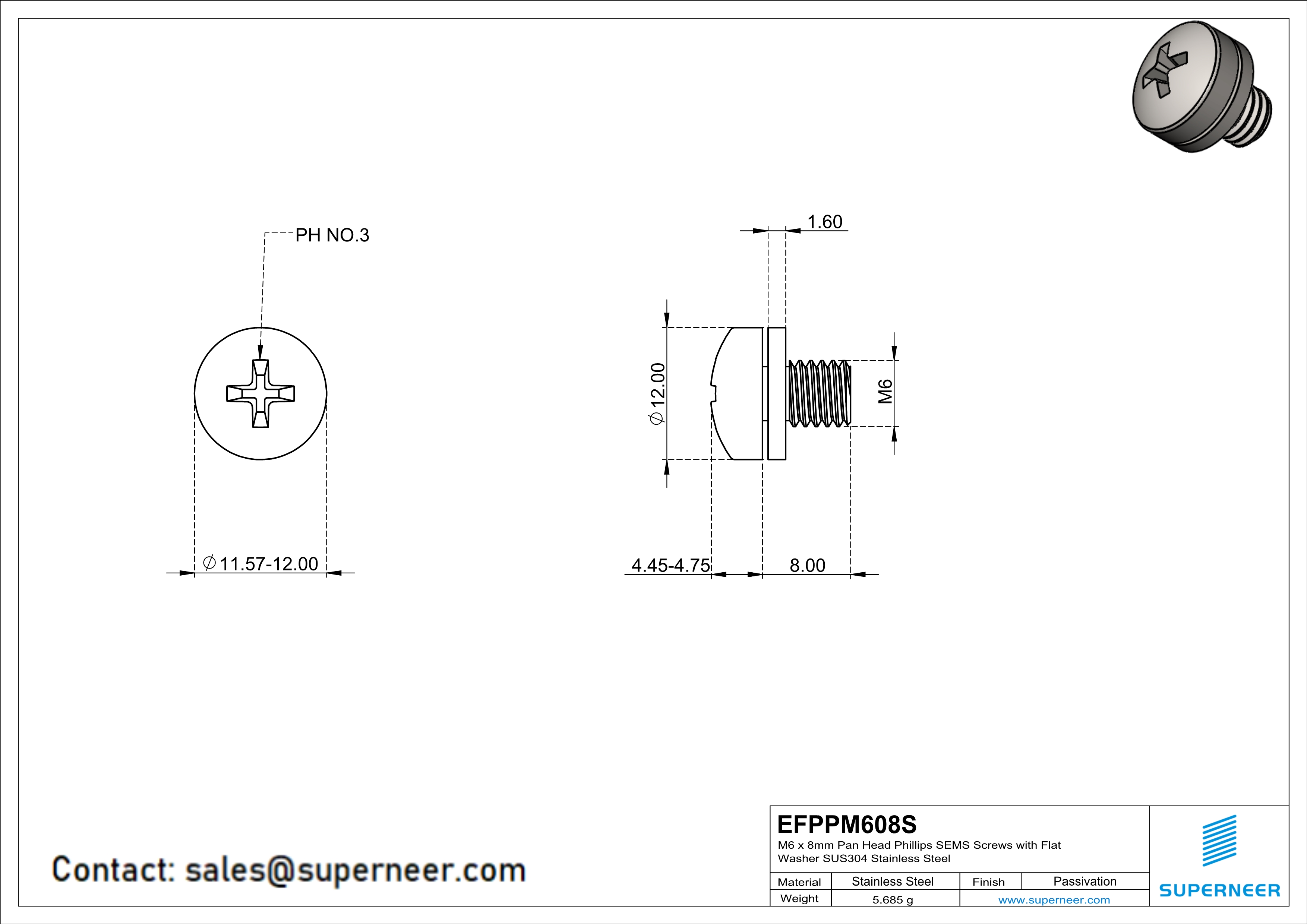 M6 x 8mm Pan Head Phillips SEMS Screws with Flat Washer SUS304 Stainless Steel Inox