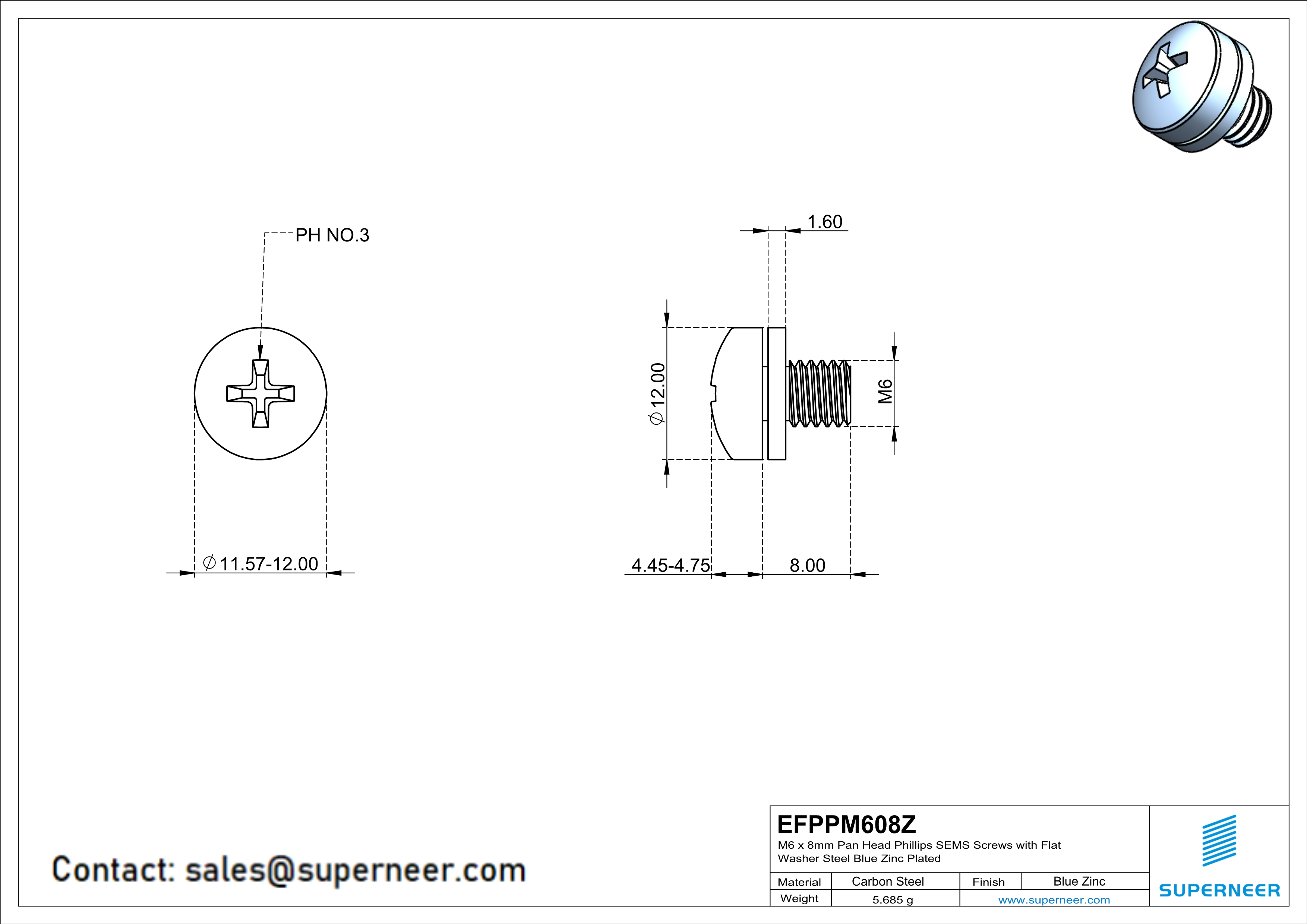 M6 x 8mm Pan Head Phillips SEMS Screws with Flat Washer Steel Blue Zinc Plated