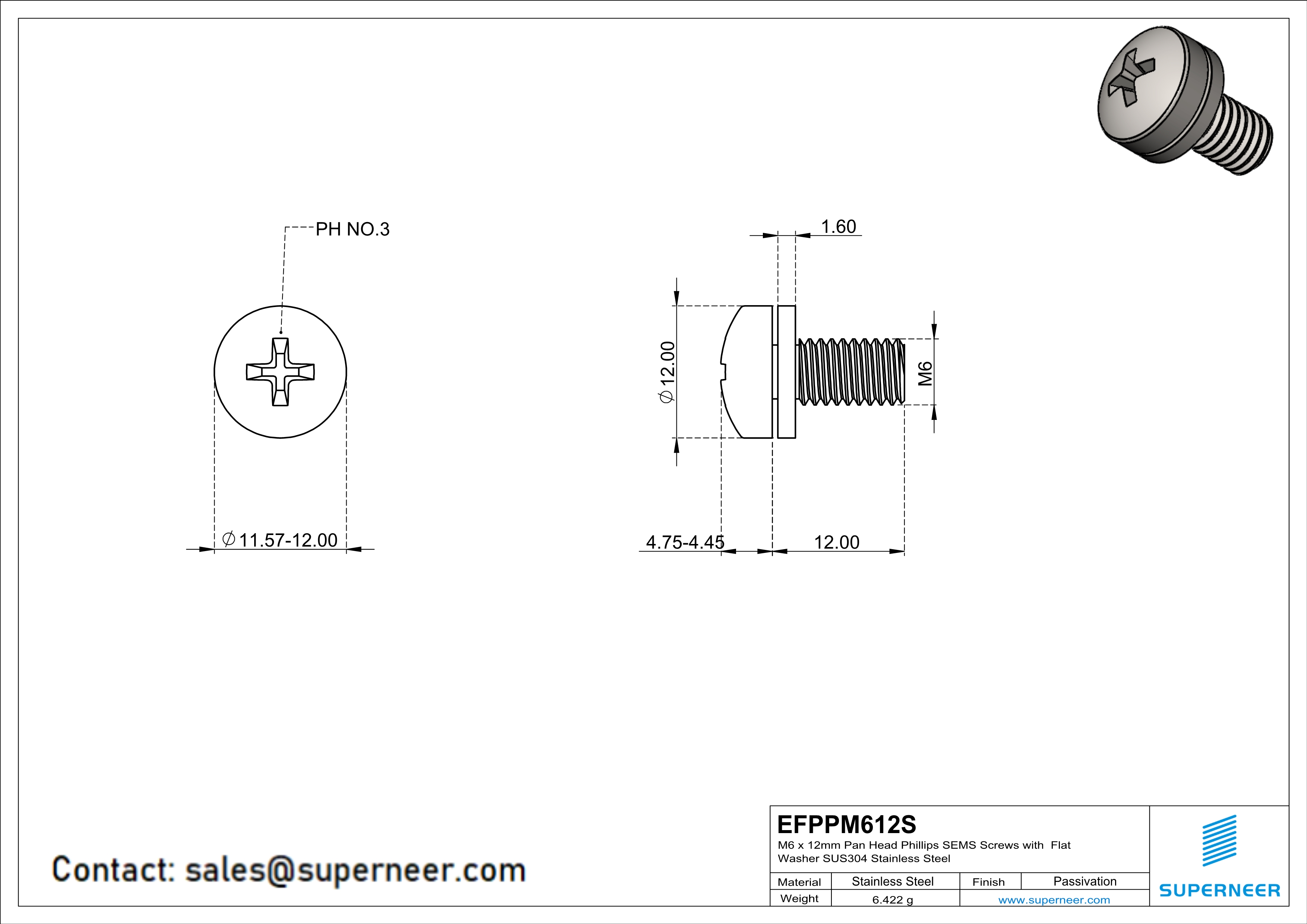 M6 x 14mm Pan Head Phillips SEMS Screws with Flat Washer SUS304 Stainless Steel Inox