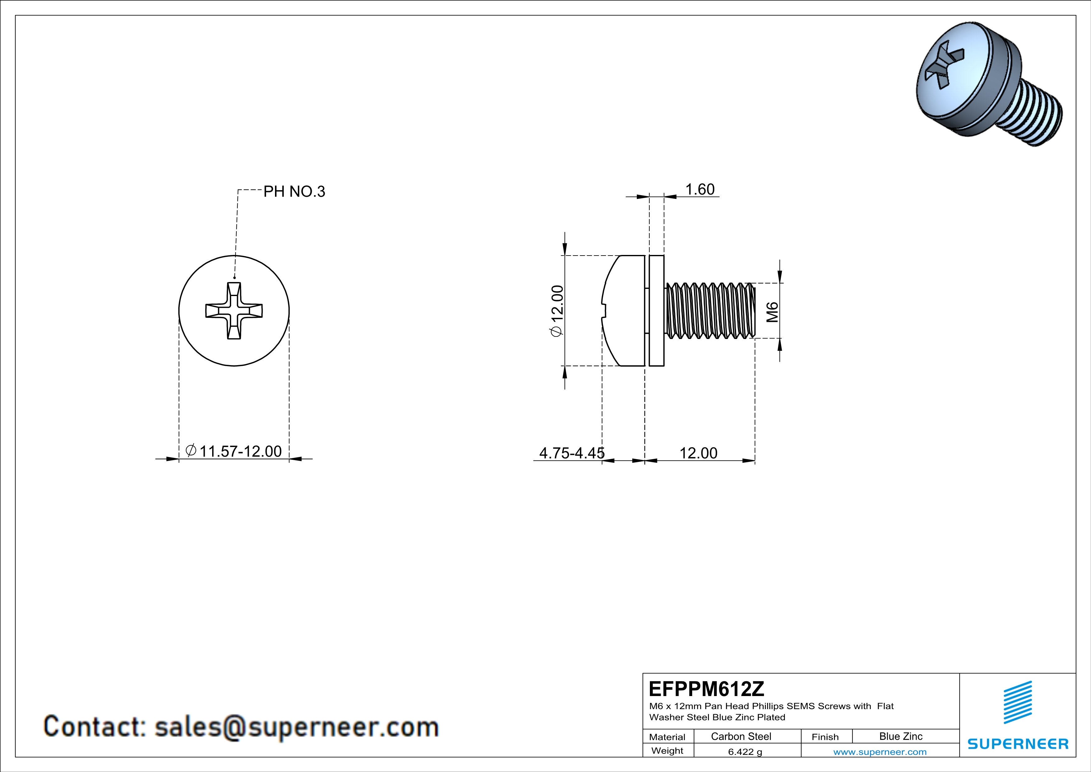 M6 x 14mm Pan Head Phillips SEMS Screws with Flat Washer Steel Blue Zinc Plated