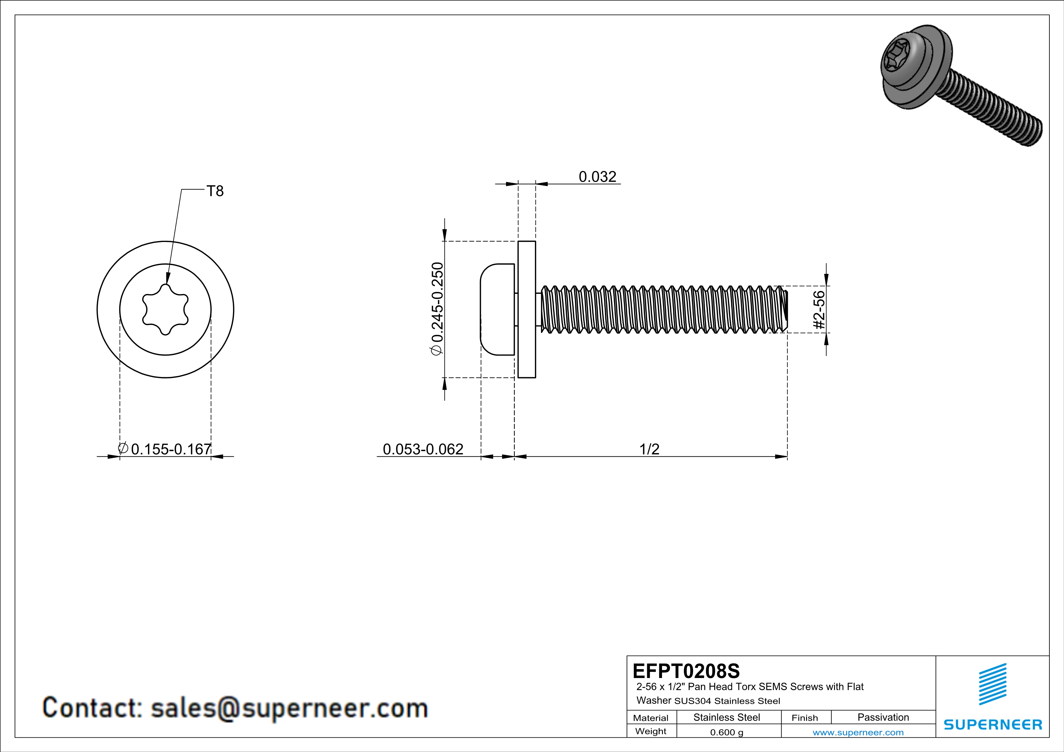 2-56 x 1/2" Pan Head Torx SEMS Screws with Flat Washer SUS304 Stainless Steel Inox