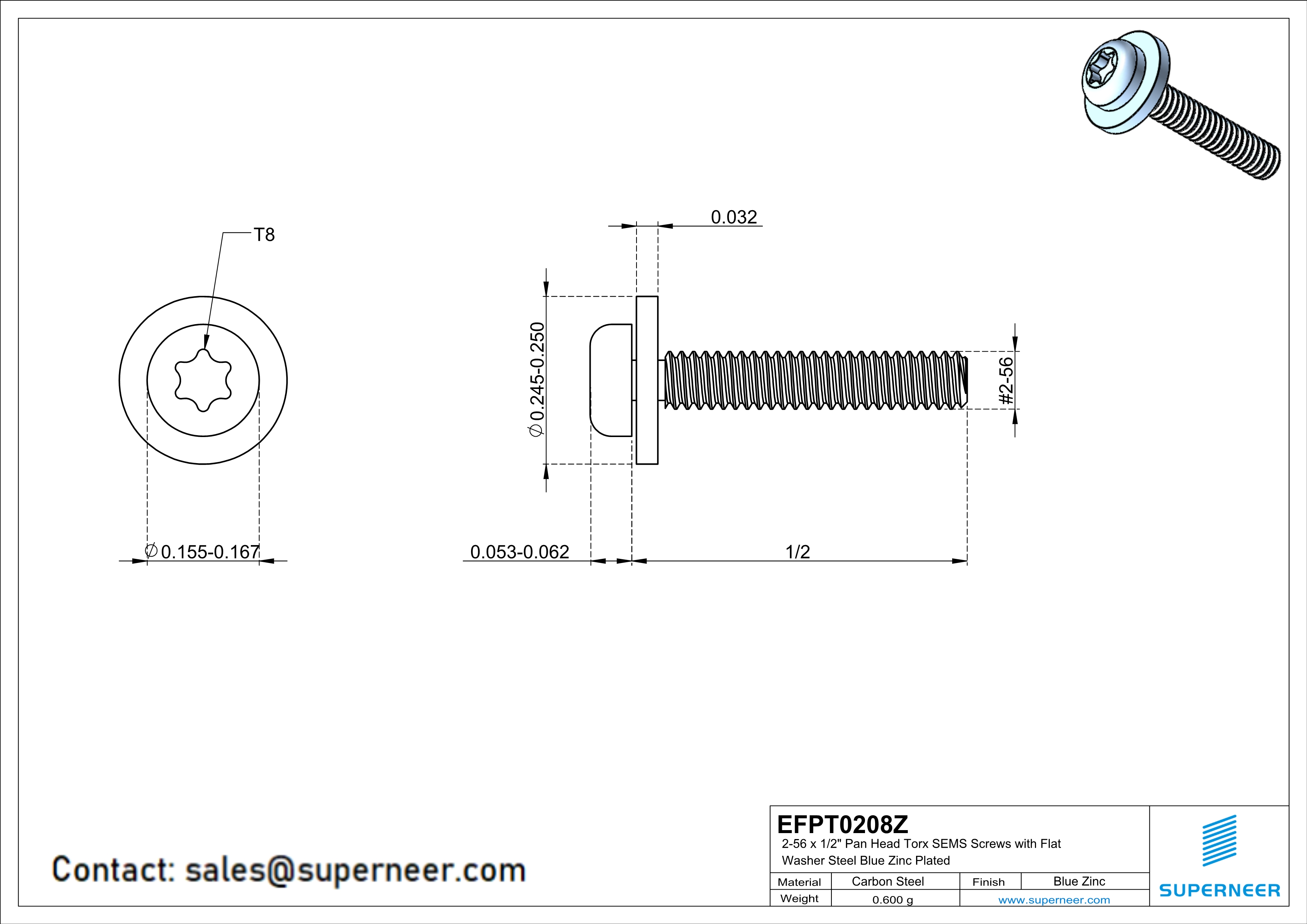 2-56 x 1/2" Pan Head Torx SEMS Screws with Flat Washer Steel Blue Zinc Plated