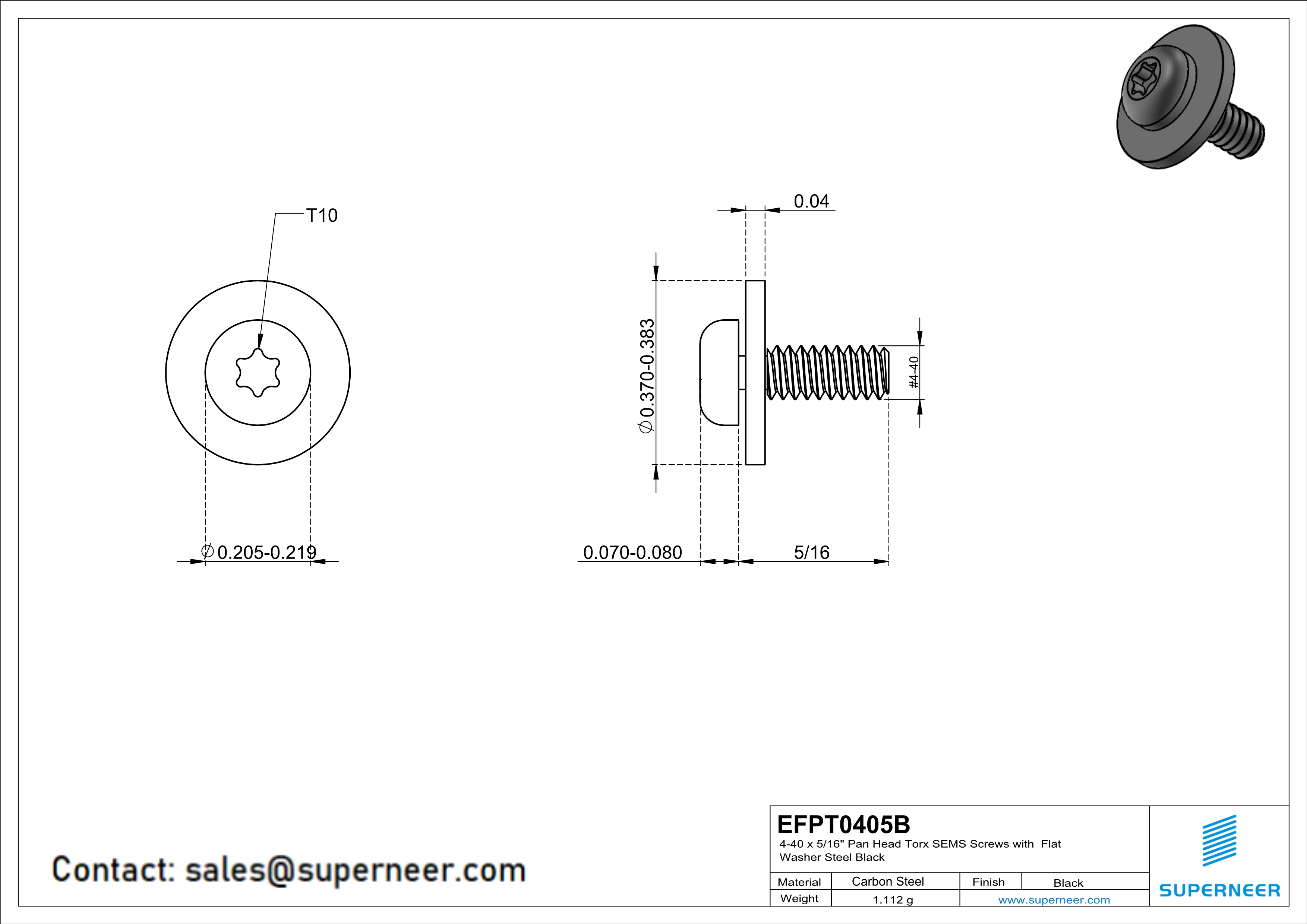 4-40 x 5/16" Pan Head Torx SEMS Screws with Flat Washer Steel Black