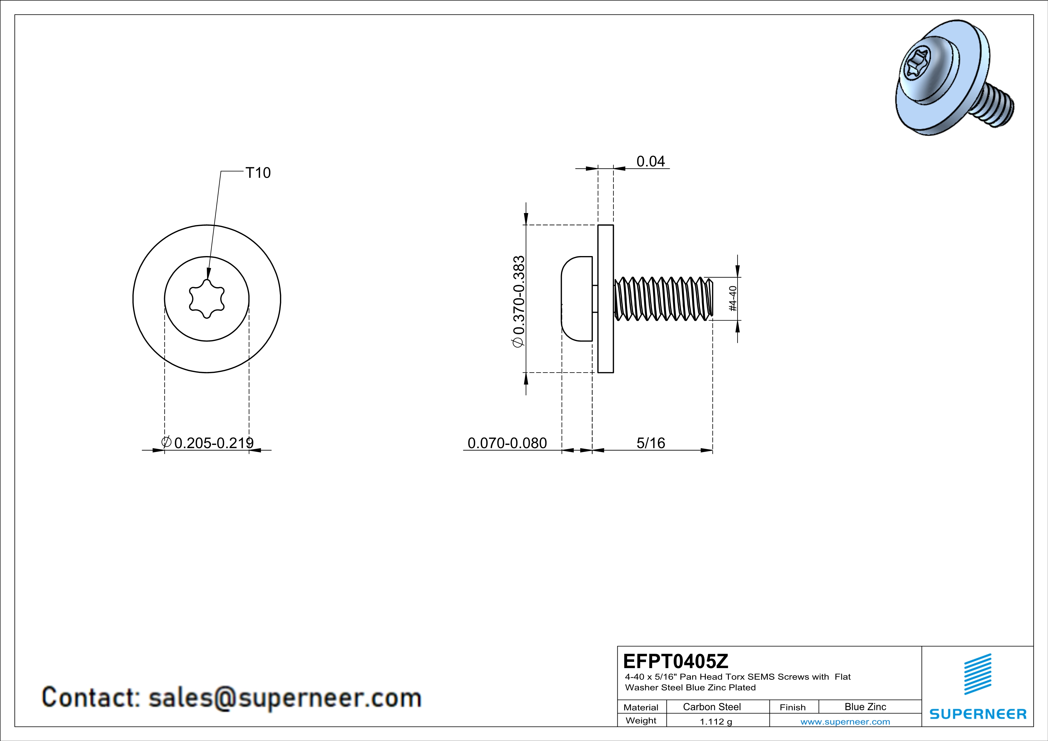 4-40 x 5/16" Pan Head Torx SEMS Screws with Flat Washer Steel Blue Zinc Plated
