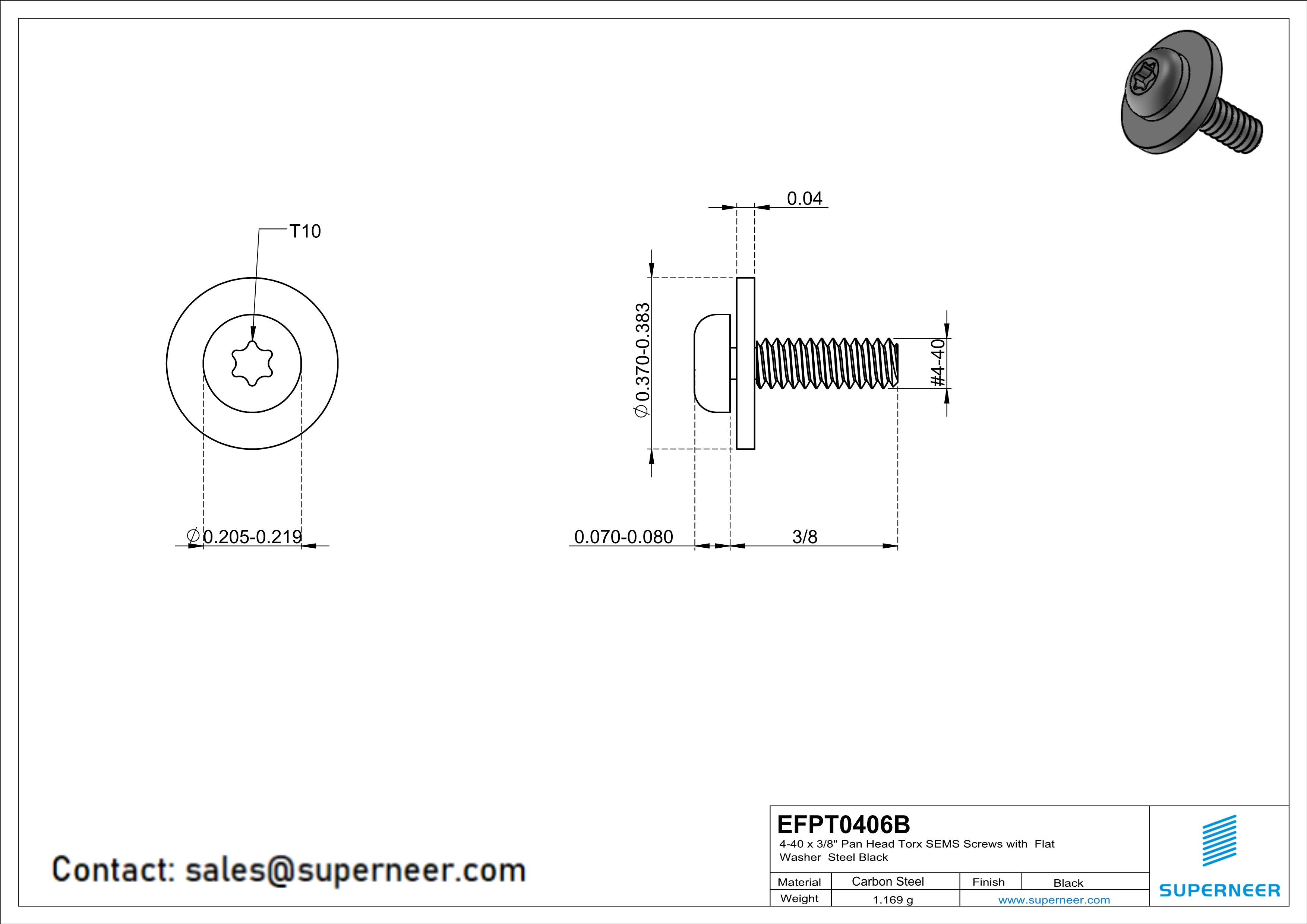 4-40 x 3/8" Pan Head Torx SEMS Screws with Flat Washer Steel Black
