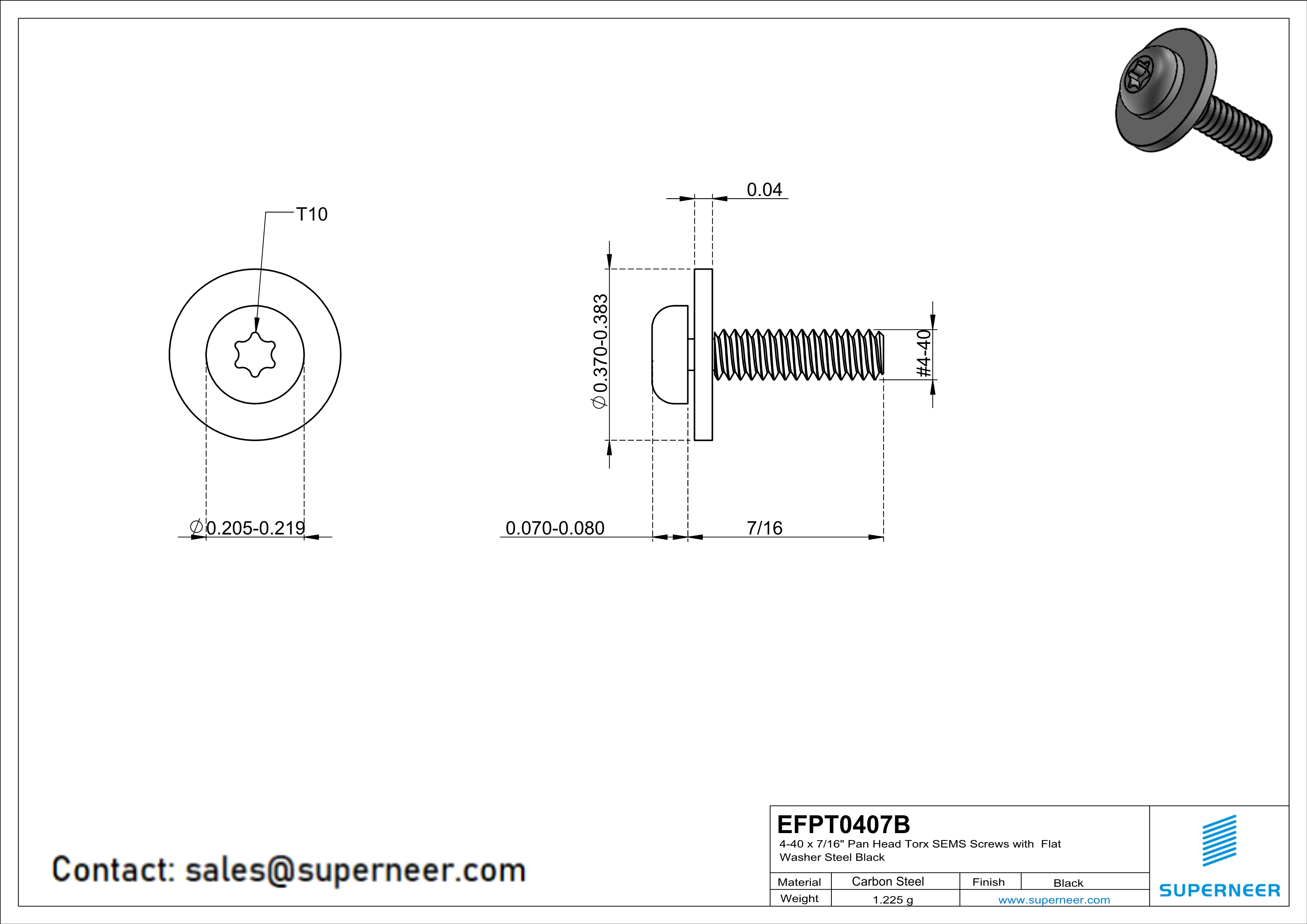 4-40 x 7/16" Pan Head Torx SEMS Screws with Flat Washer Steel Black
