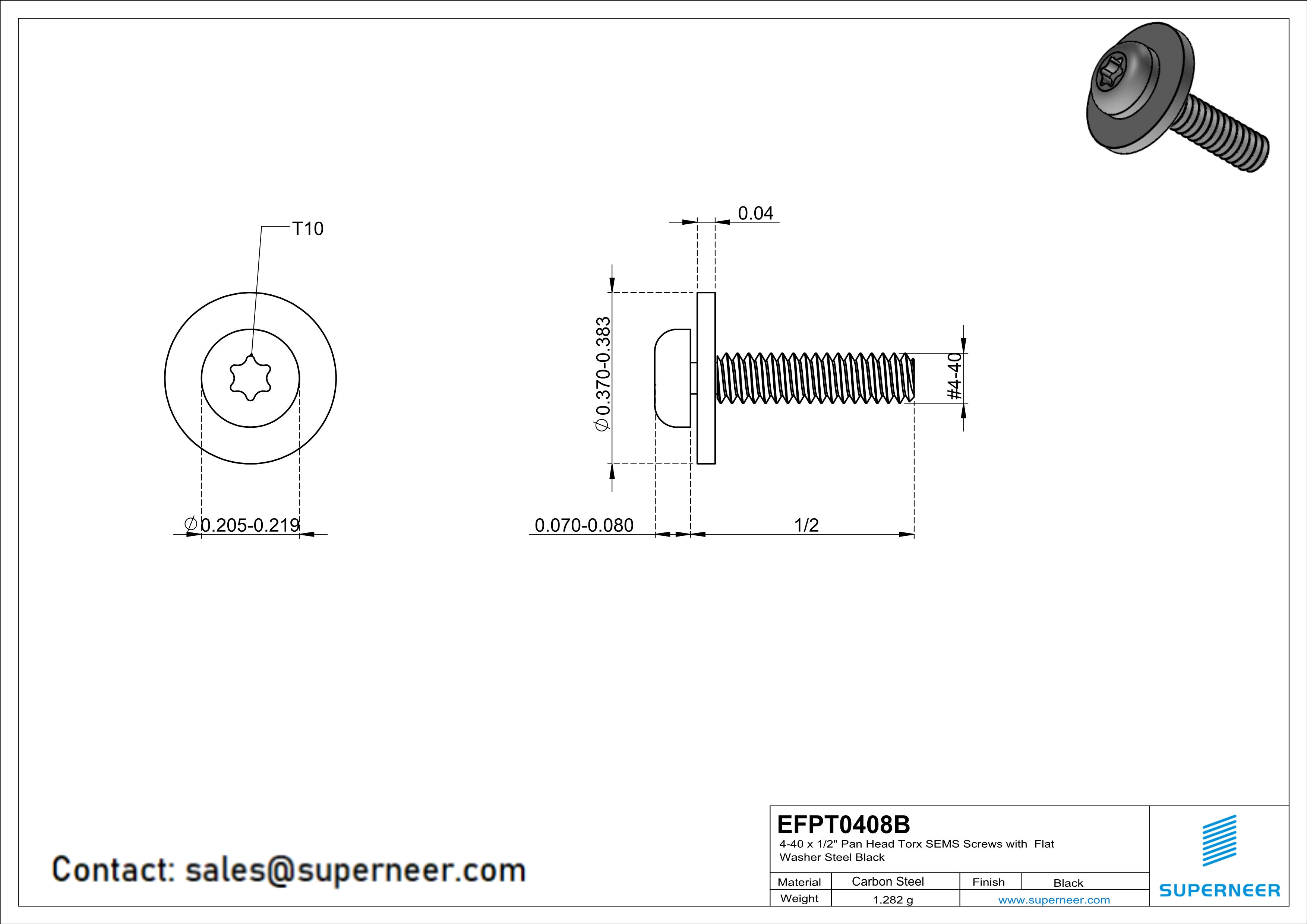 4-40 x 1/2" Pan Head Torx SEMS Screws with Flat Washer Steel Black