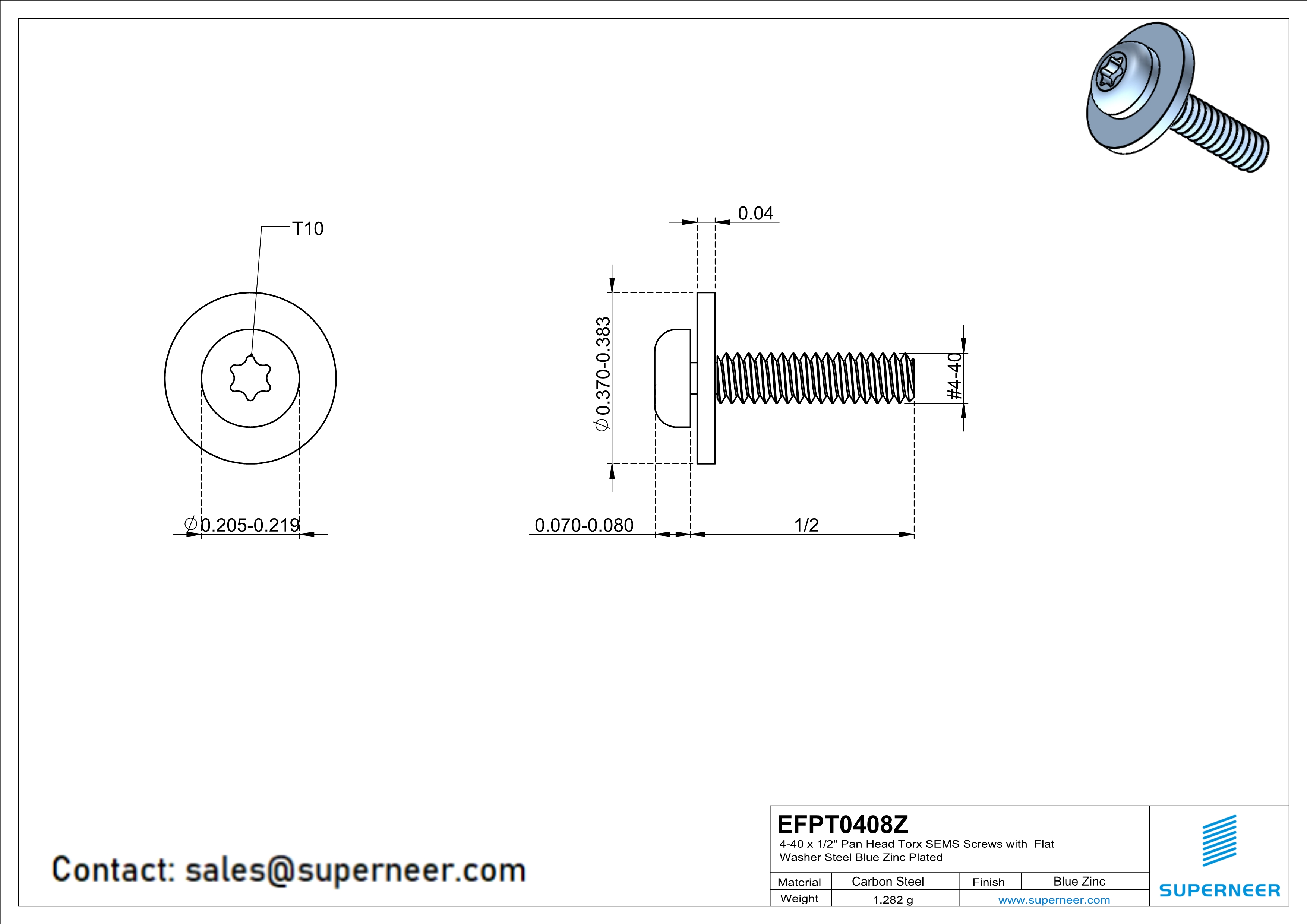 4-40 x 1/2" Pan Head Torx SEMS Screws with Flat Washer Steel Blue Zinc Plated