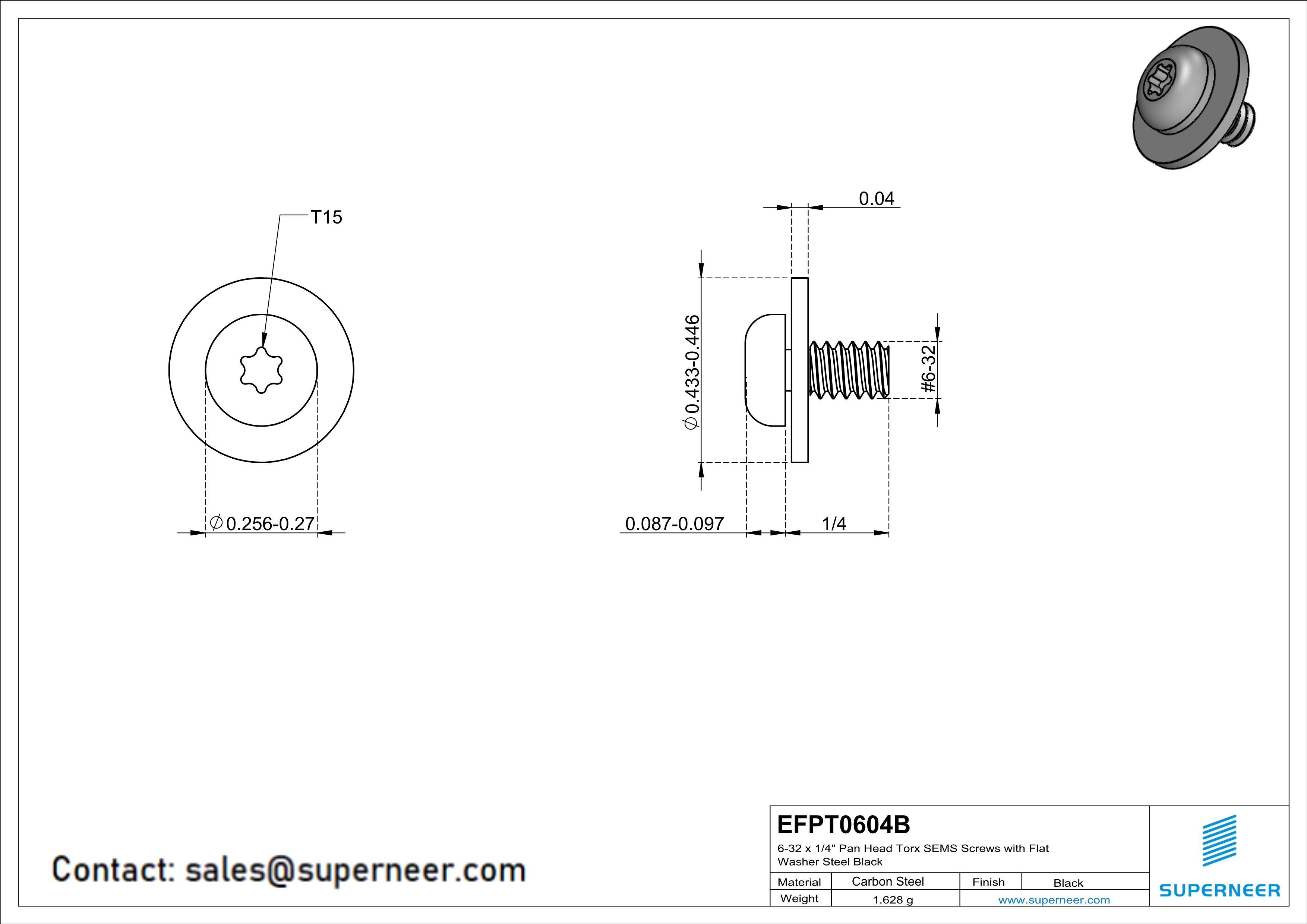 6-32 x 1/4" Pan Head Torx SEMS Screws with Flat Washer Steel Black