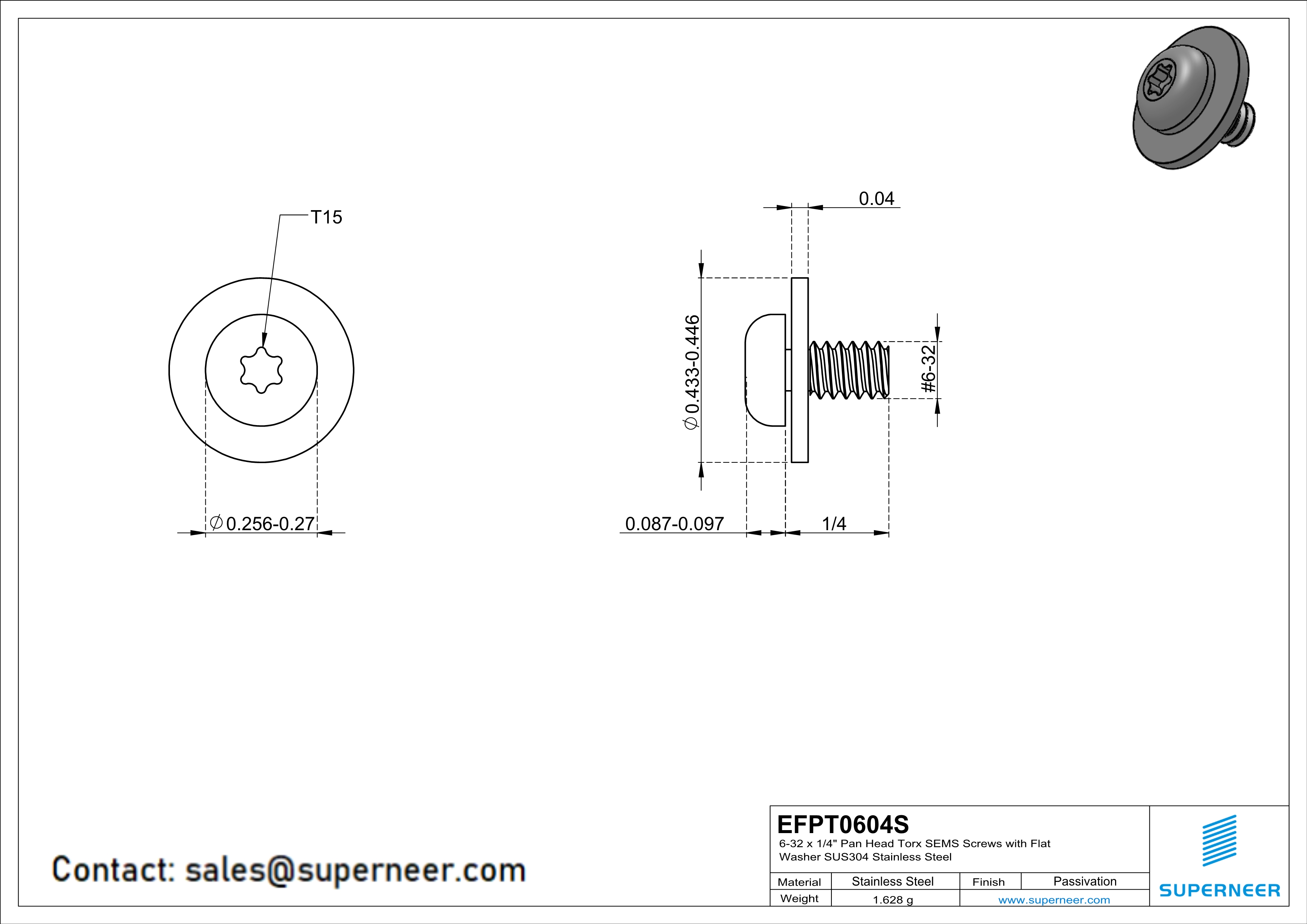 6-32 x 1/4" Pan Head Torx SEMS Screws with Flat Washer SUS304 Stainless Steel Inox
