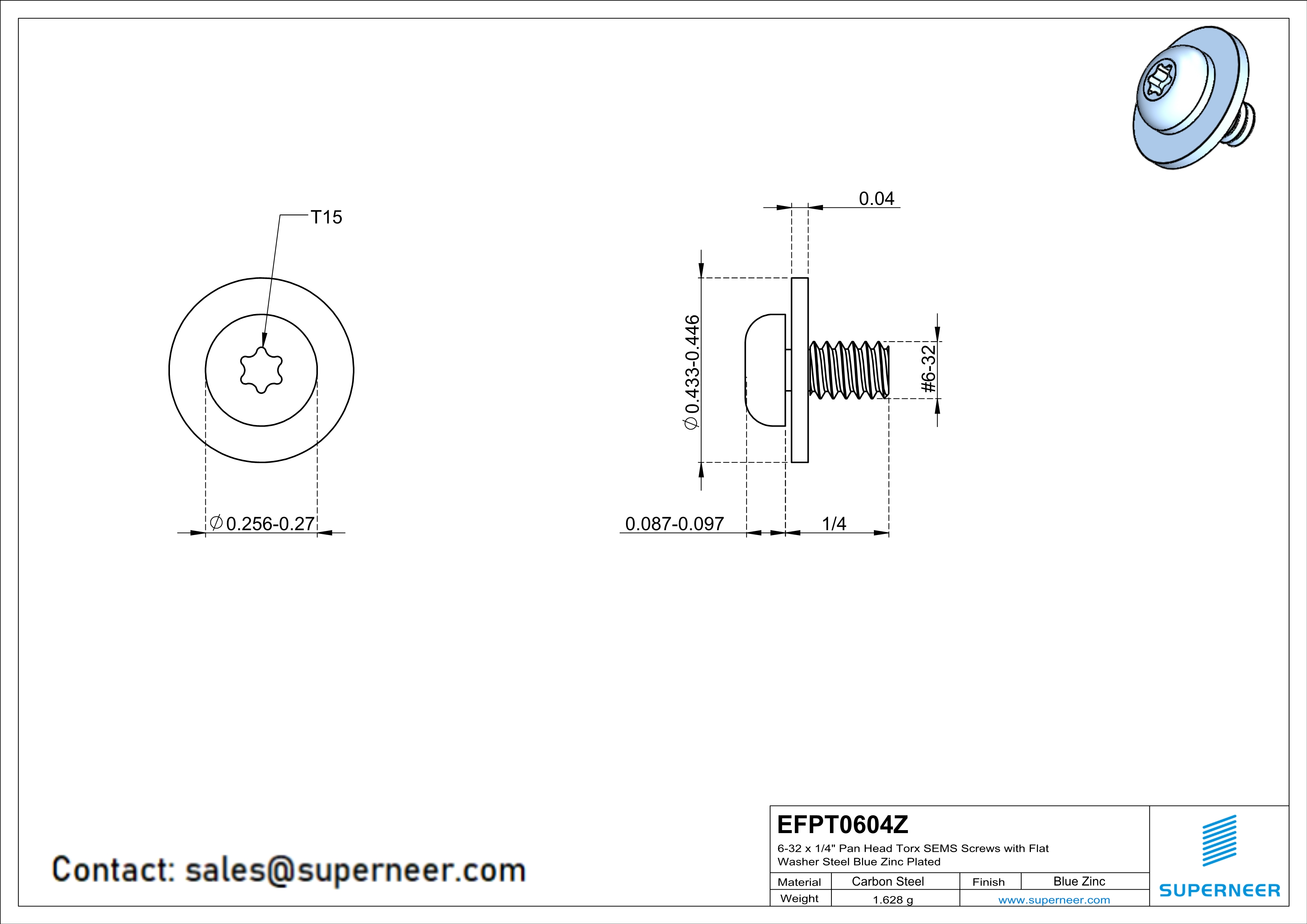6-32 x 1/4" Pan Head Torx SEMS Screws with Flat Washer Steel Blue Zinc Plated