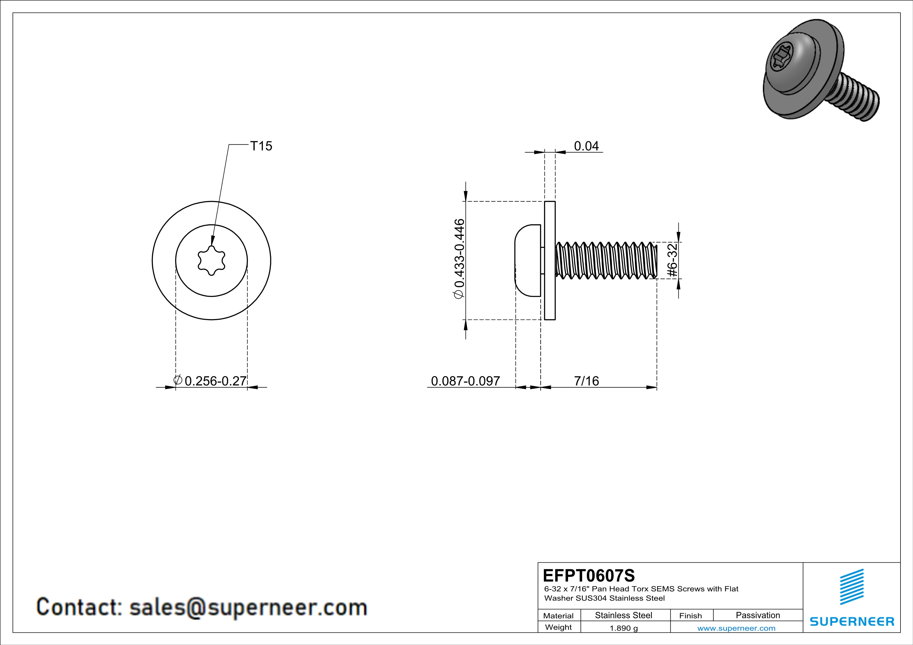6-32 x 7/16" Pan Head Torx SEMS Screws with Flat Washer SUS304 Stainless Steel Inox