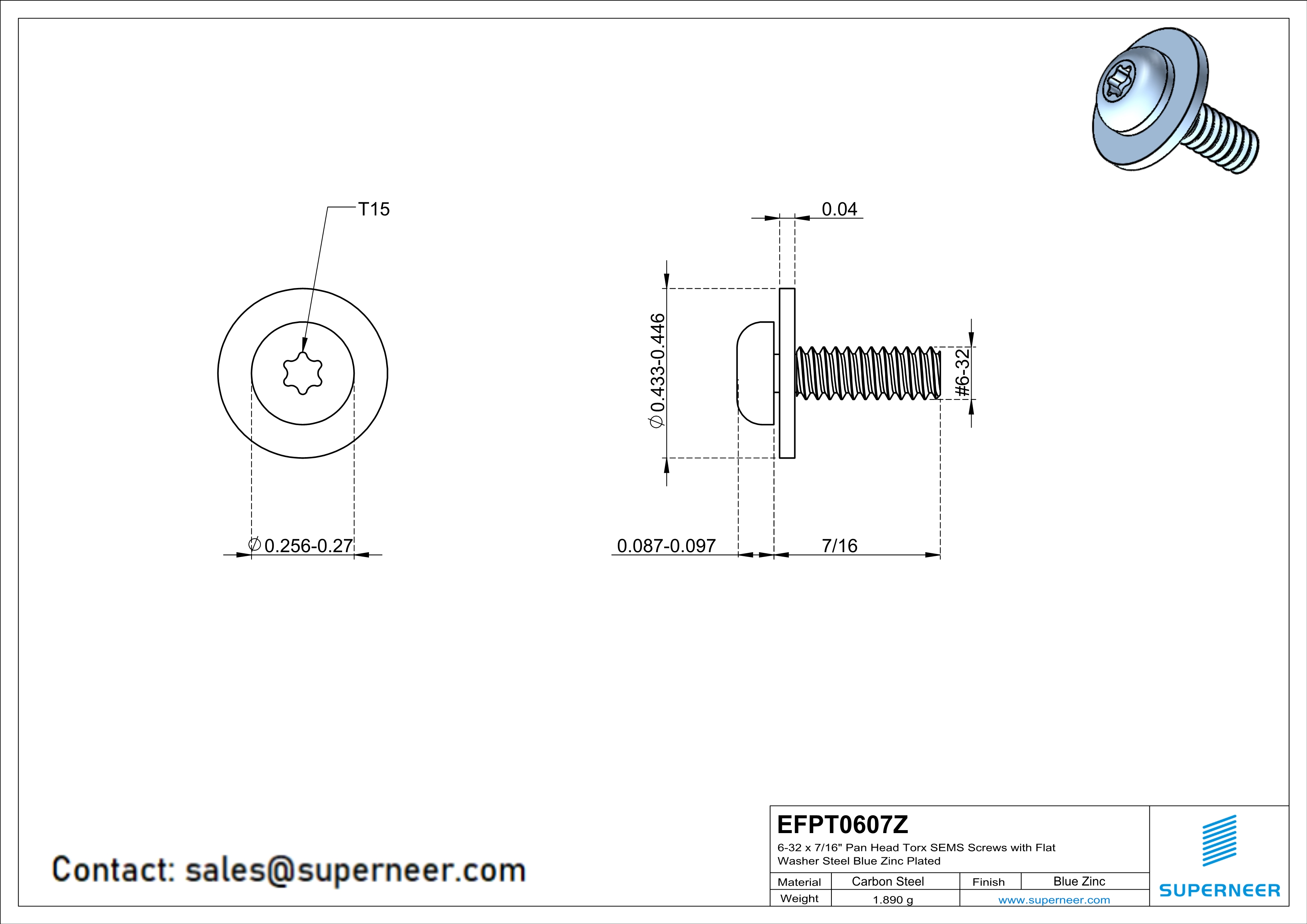 6-32 x 7/16" Pan Head Torx SEMS Screws with Flat Washer Steel Blue Zinc Plated