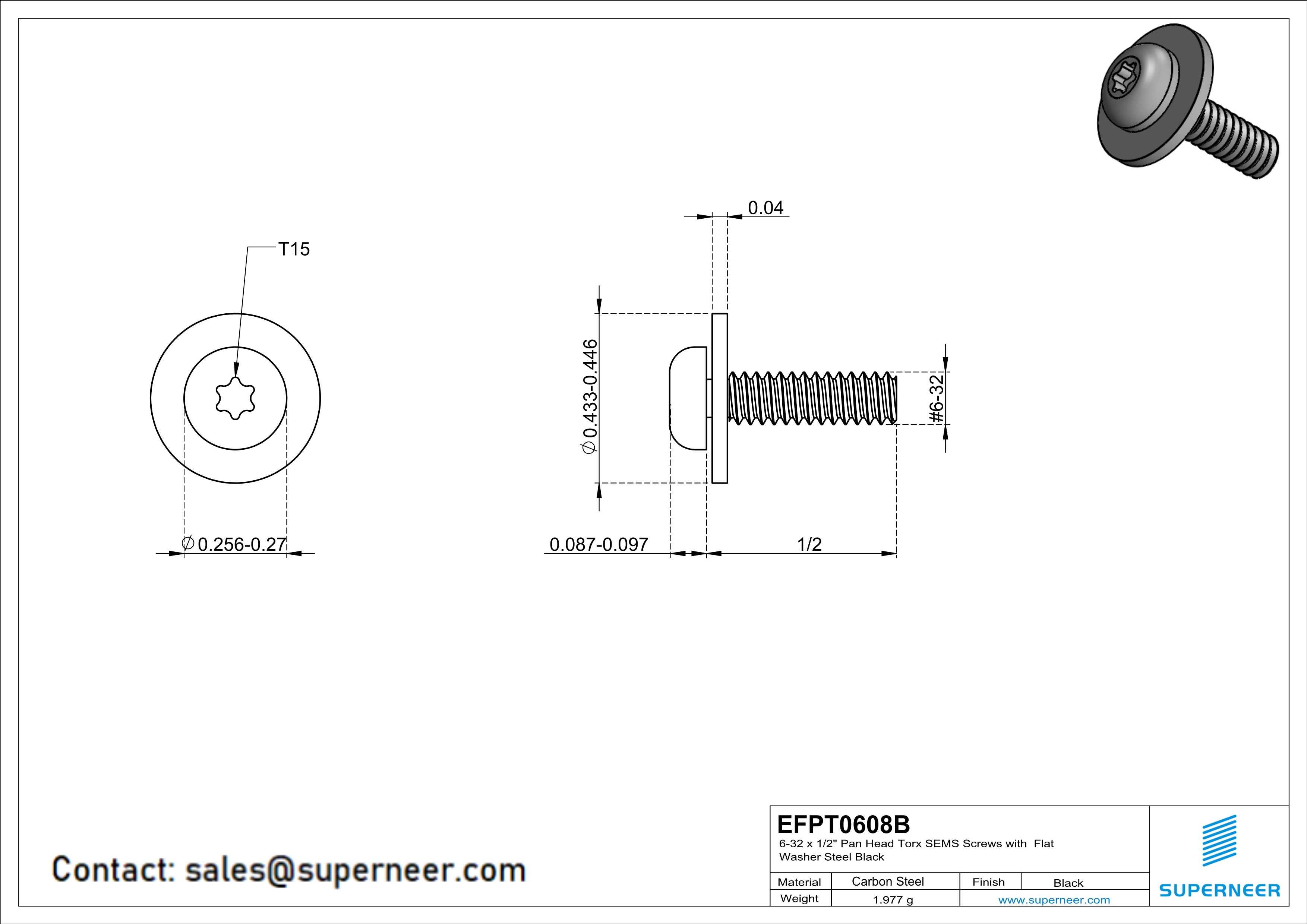 6-32 x 1/2" Pan Head Torx SEMS Screws with Flat Washer Steel Black