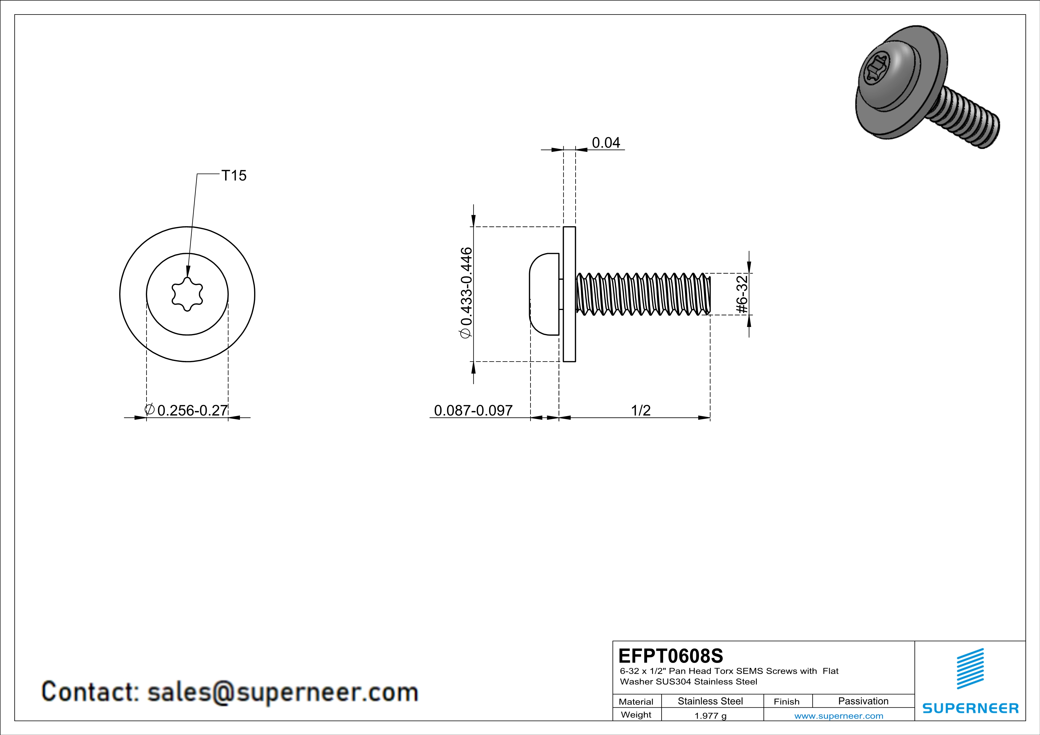 6-32 x 1/2" Pan Head Torx SEMS Screws with Flat Washer SUS304 Stainless Steel Inox