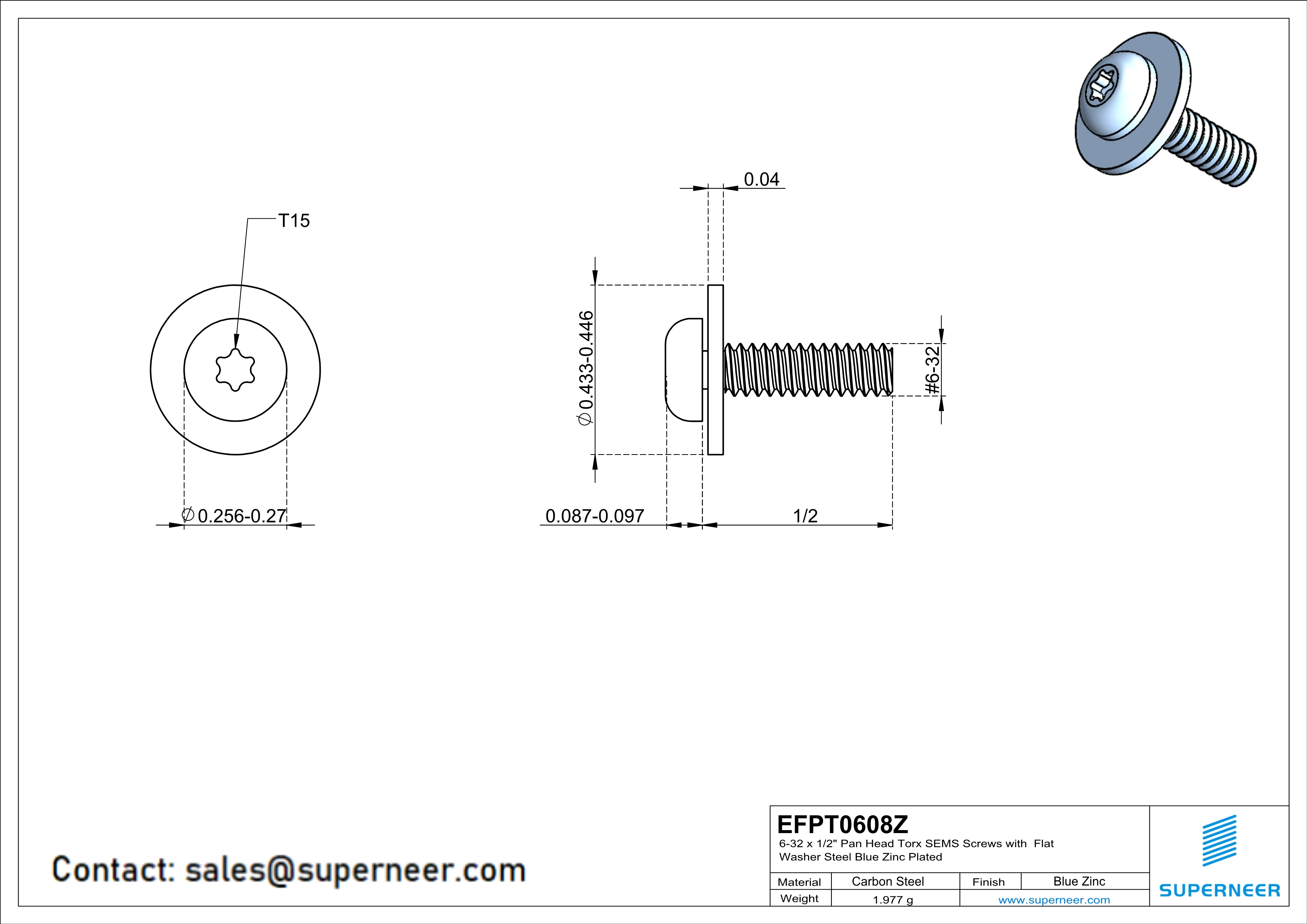 6-32 x 1/2" Pan Head Torx SEMS Screws with Flat Washer Steel Blue Zinc Plated