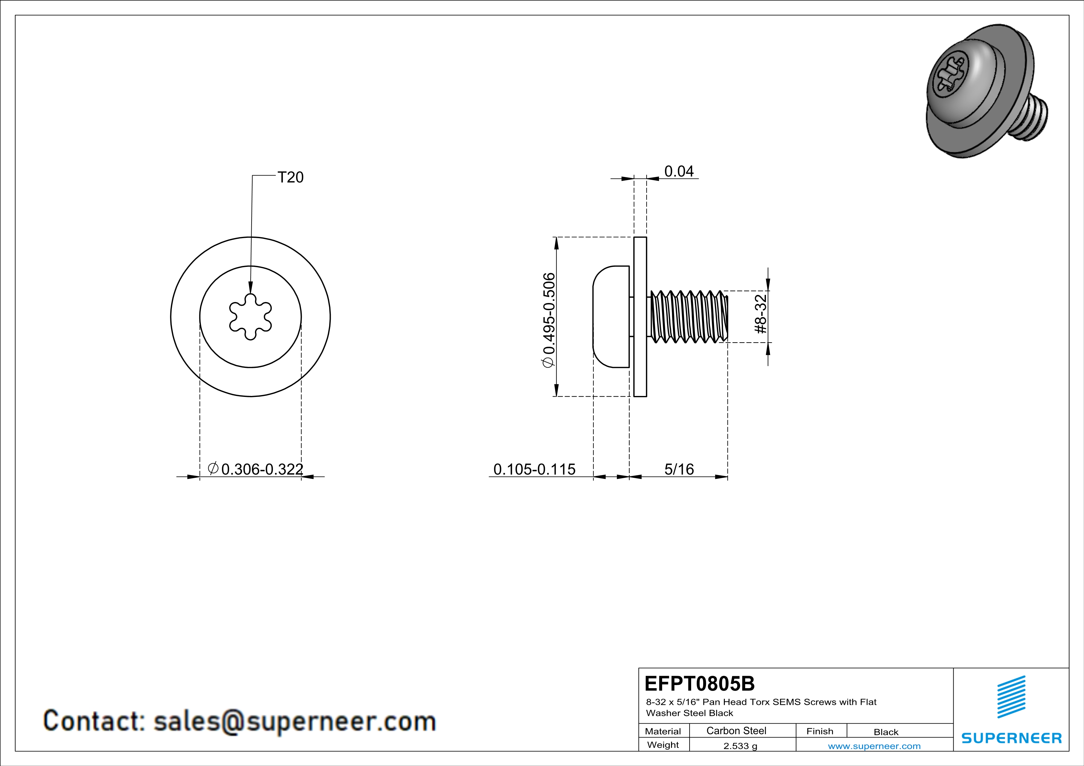 8-32 x 5/16" Pan Head Torx SEMS Screws with Flat Washer Steel Black