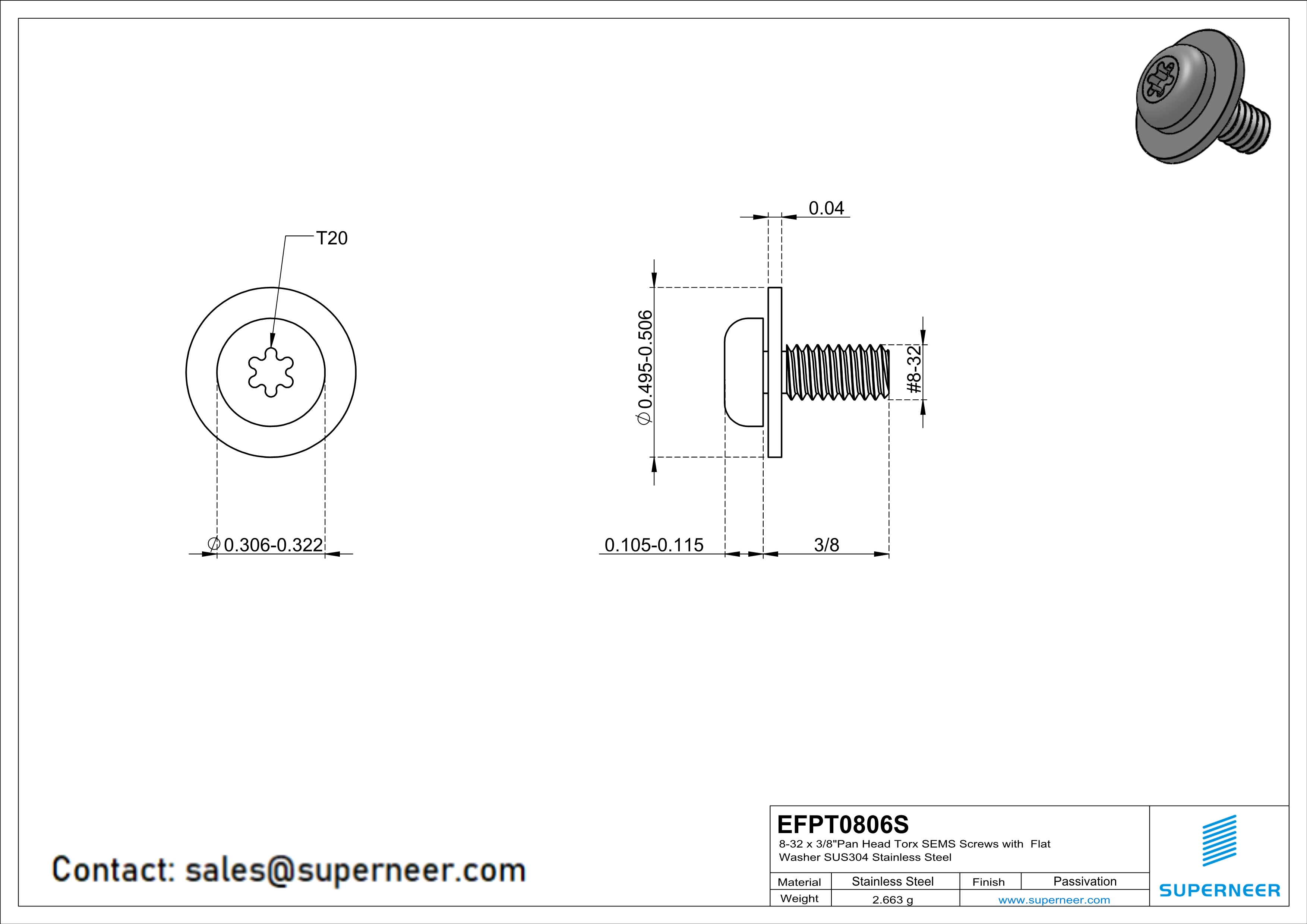 8-32 x 3/8" Pan Head Torx SEMS Screws with Flat Washer SUS304 Stainless Steel Inox