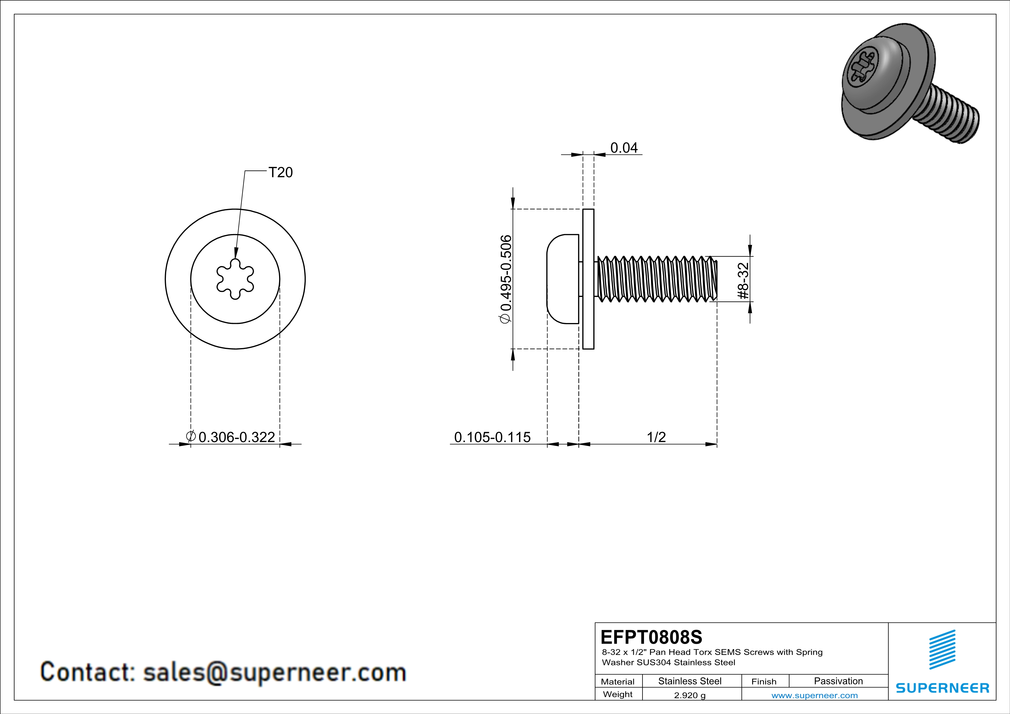 8-32 x 1/2" Pan Head Torx SEMS Screws with Flat Washer SUS304 Stainless Steel Inox