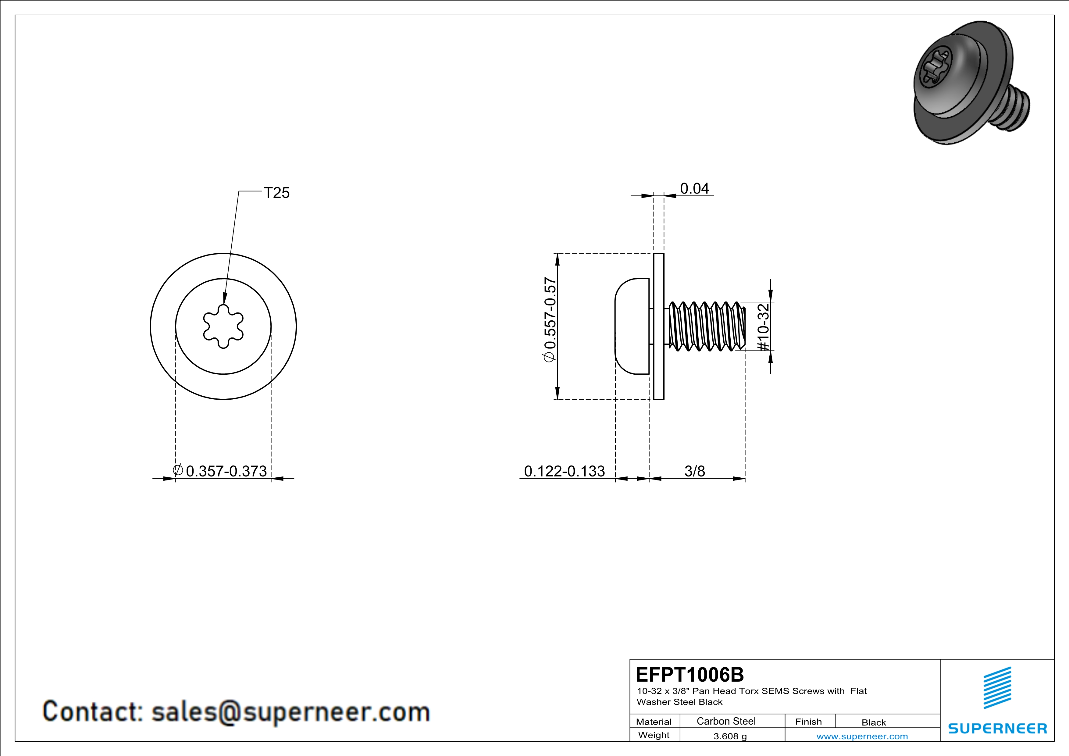 10-32 x 3/8" Pan Head Torx SEMS Screws with Flat Washer Steel Black