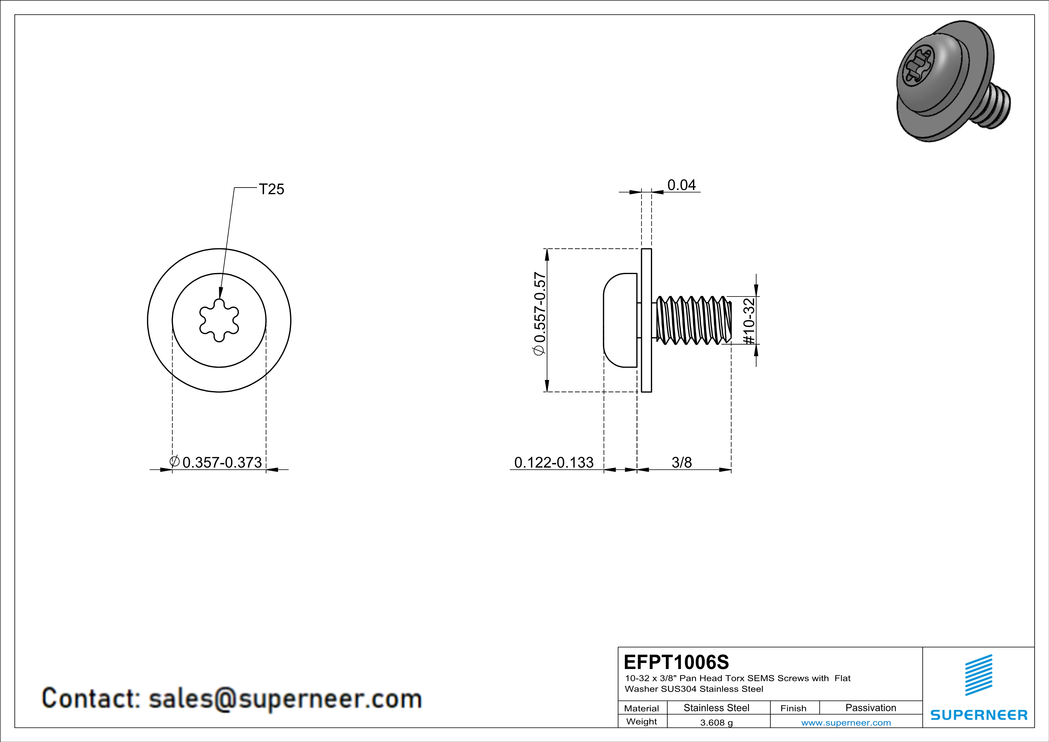 10-32 x 3/8" Pan Head Torx SEMS Screws with Flat Washer SUS304 Stainless Steel Inox