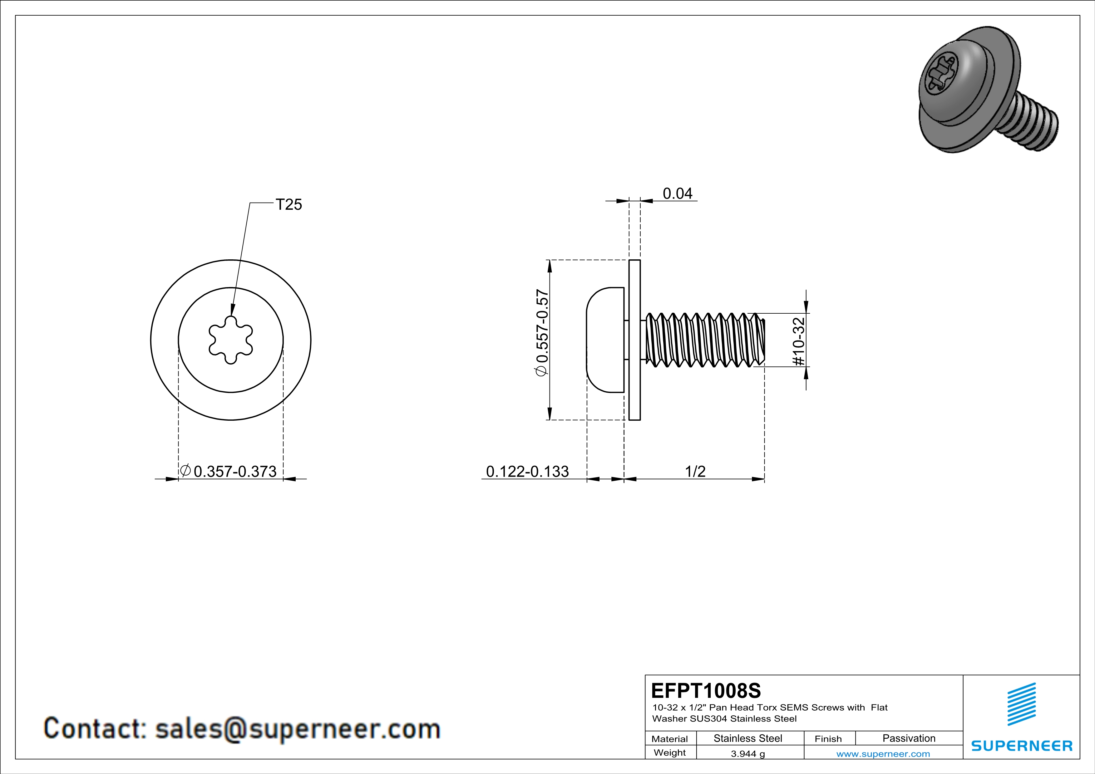 10-32 x 1/2" Pan Head Torx SEMS Screws with Flat Washer SUS304 Stainless Steel Inox