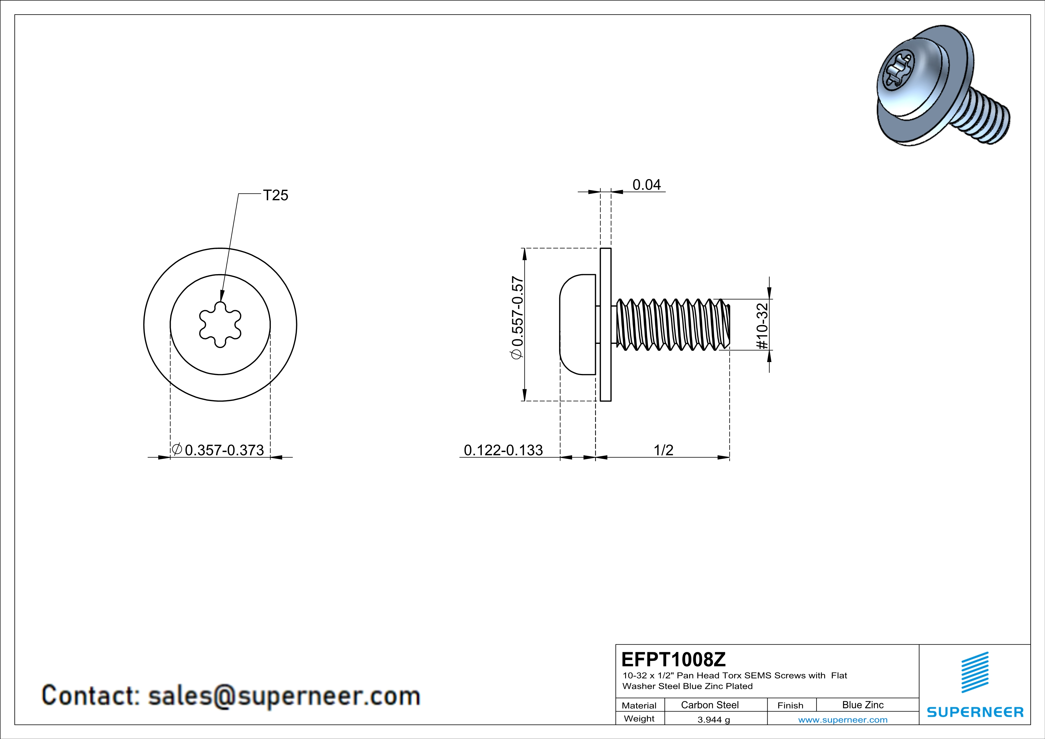 10-32 x 1/2" Pan Head Torx SEMS Screws with Flat Washer Steel Blue Zinc Plated