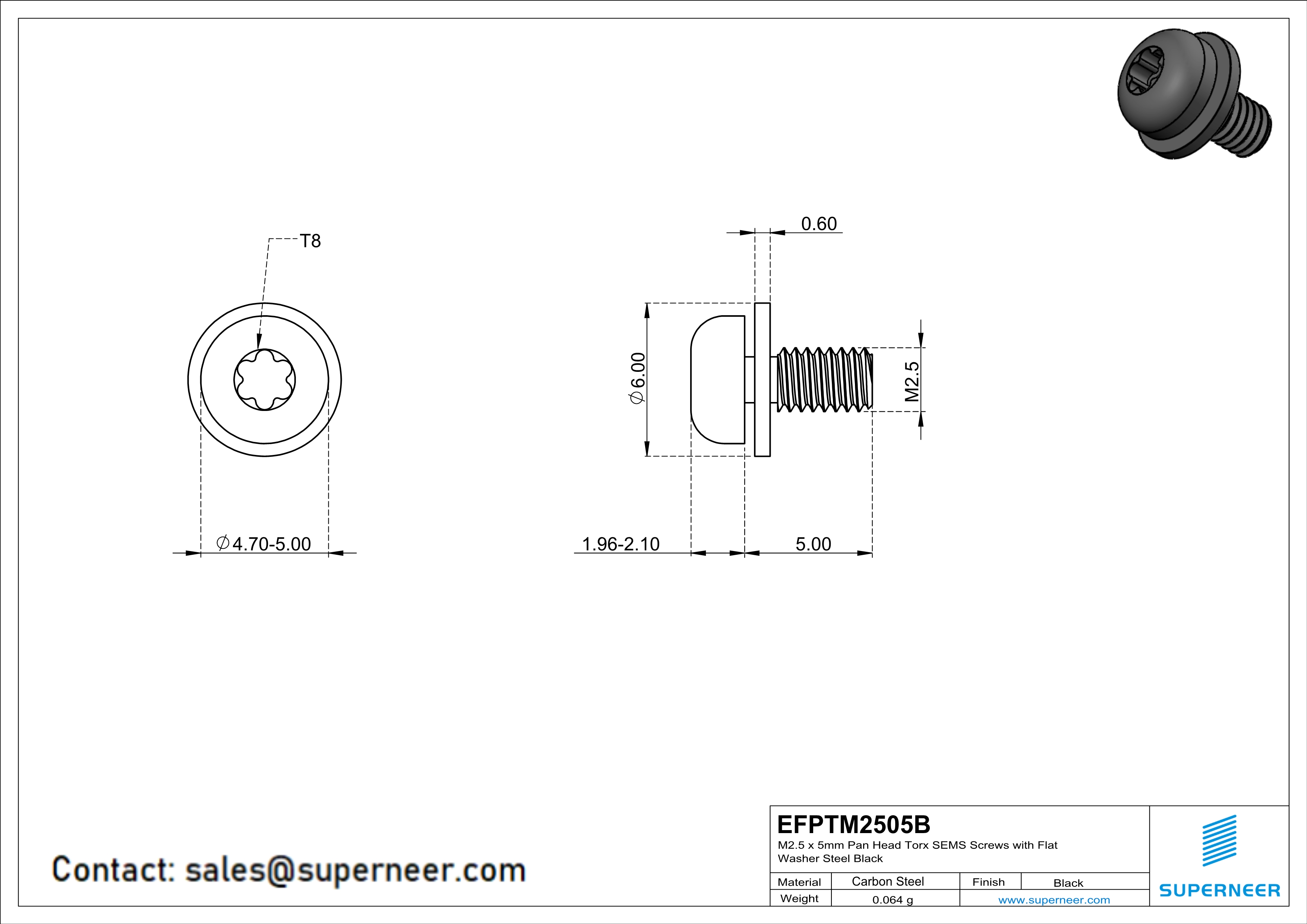M2.5 x 5mm Pan Head Torx SEMS Screws with Flat Washer Steel Black