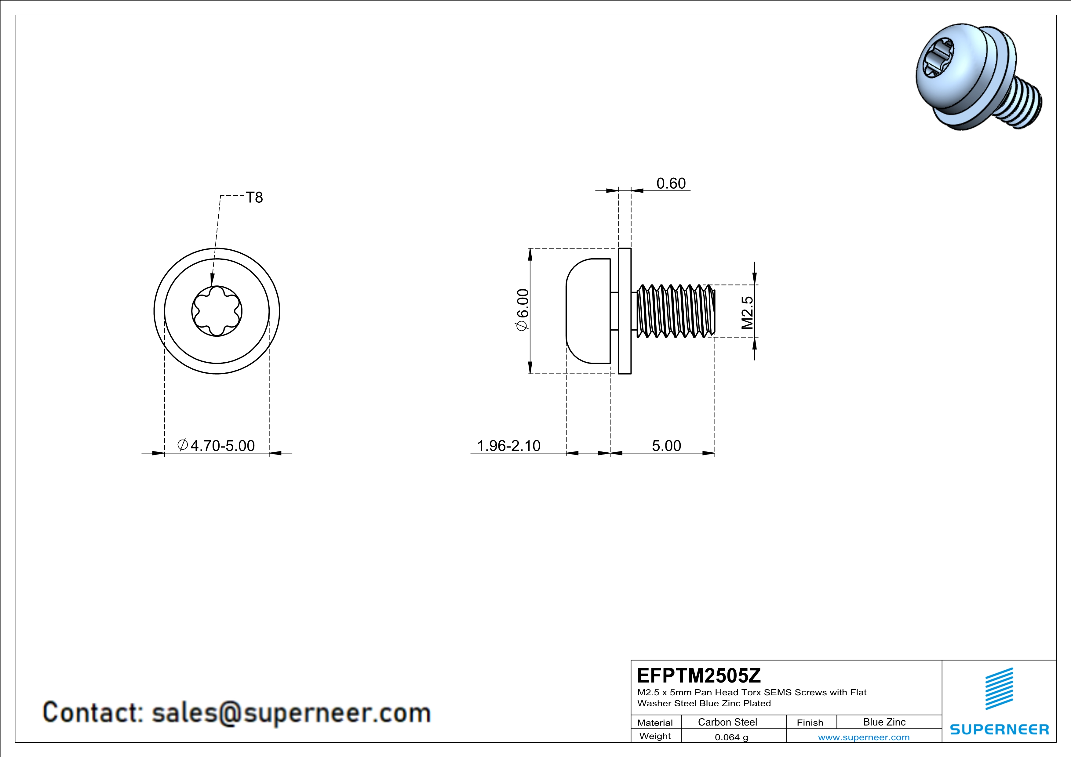 M2.5 x 5mm Pan Head Torx SEMS Screws with Flat Washer Steel Blue Zinc Plated