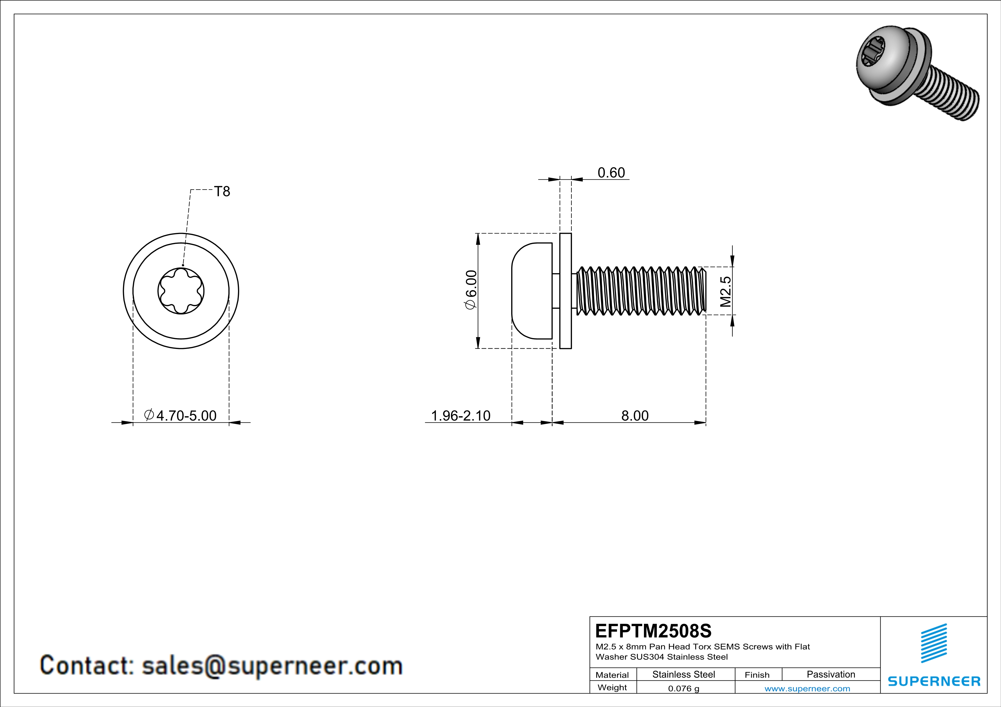 M2.5 x 8mm Pan Head Torx SEMS Screws with Flat Washer SUS304 Stainless Steel Inox