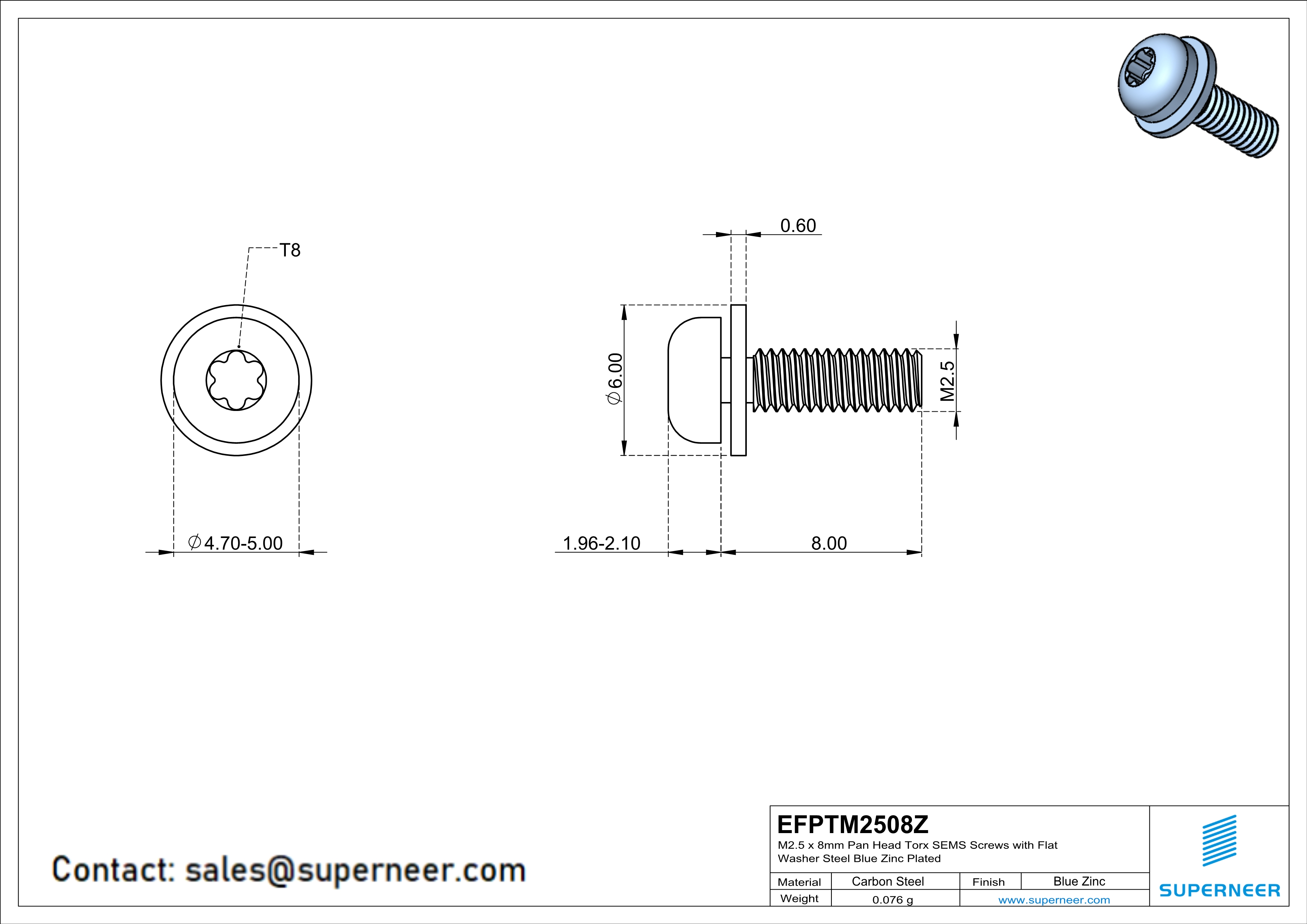 M2.5 x 8mm Pan Head Torx SEMS Screws with Flat Washer Steel Blue Zinc Plated