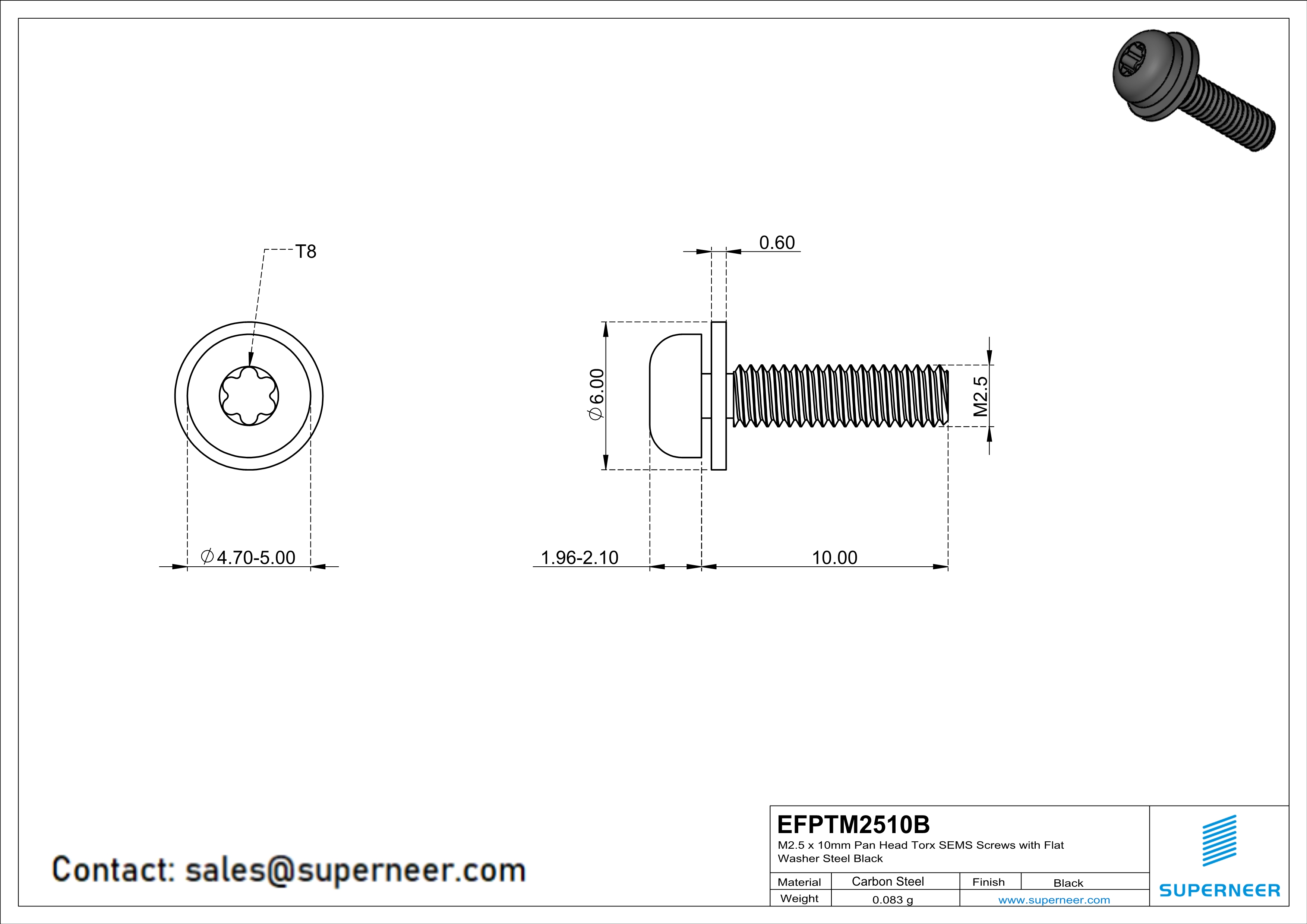 M2.5 x 10mm Pan Head Torx SEMS Screws with Flat Washer Steel Black