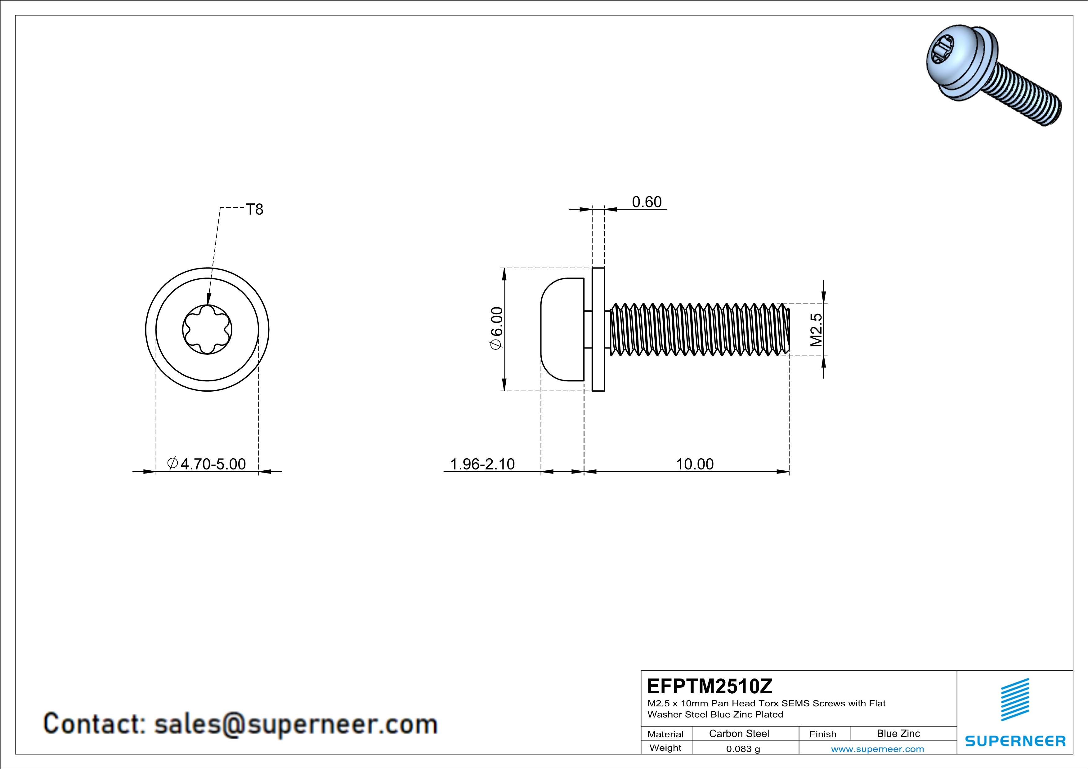 M2.5 x 10mm Pan Head Torx SEMS Screws with Flat Washer Steel Blue Zinc Plated