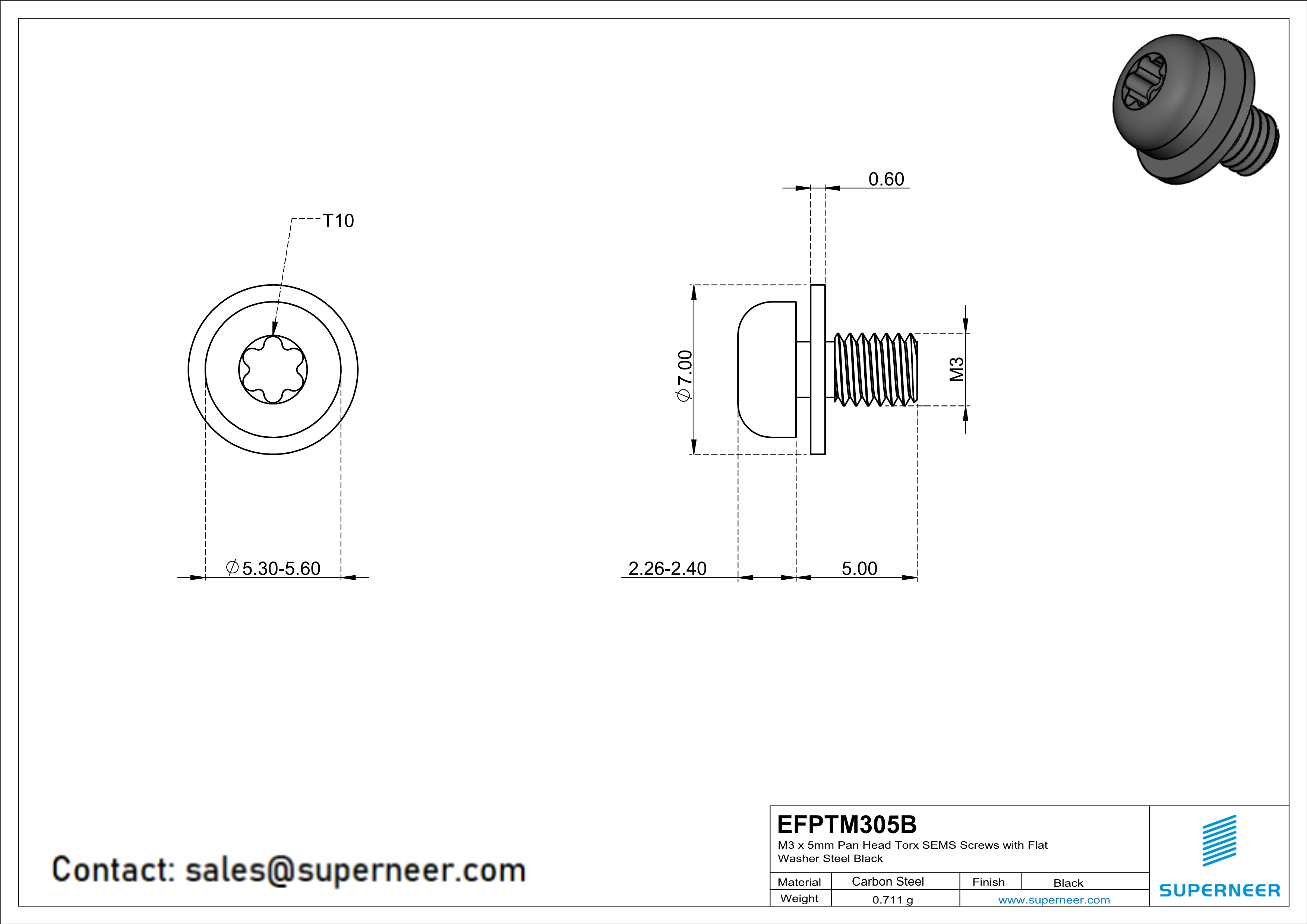 M3 x 5mm Pan Head Torx SEMS Screws with Flat Washer Steel Black