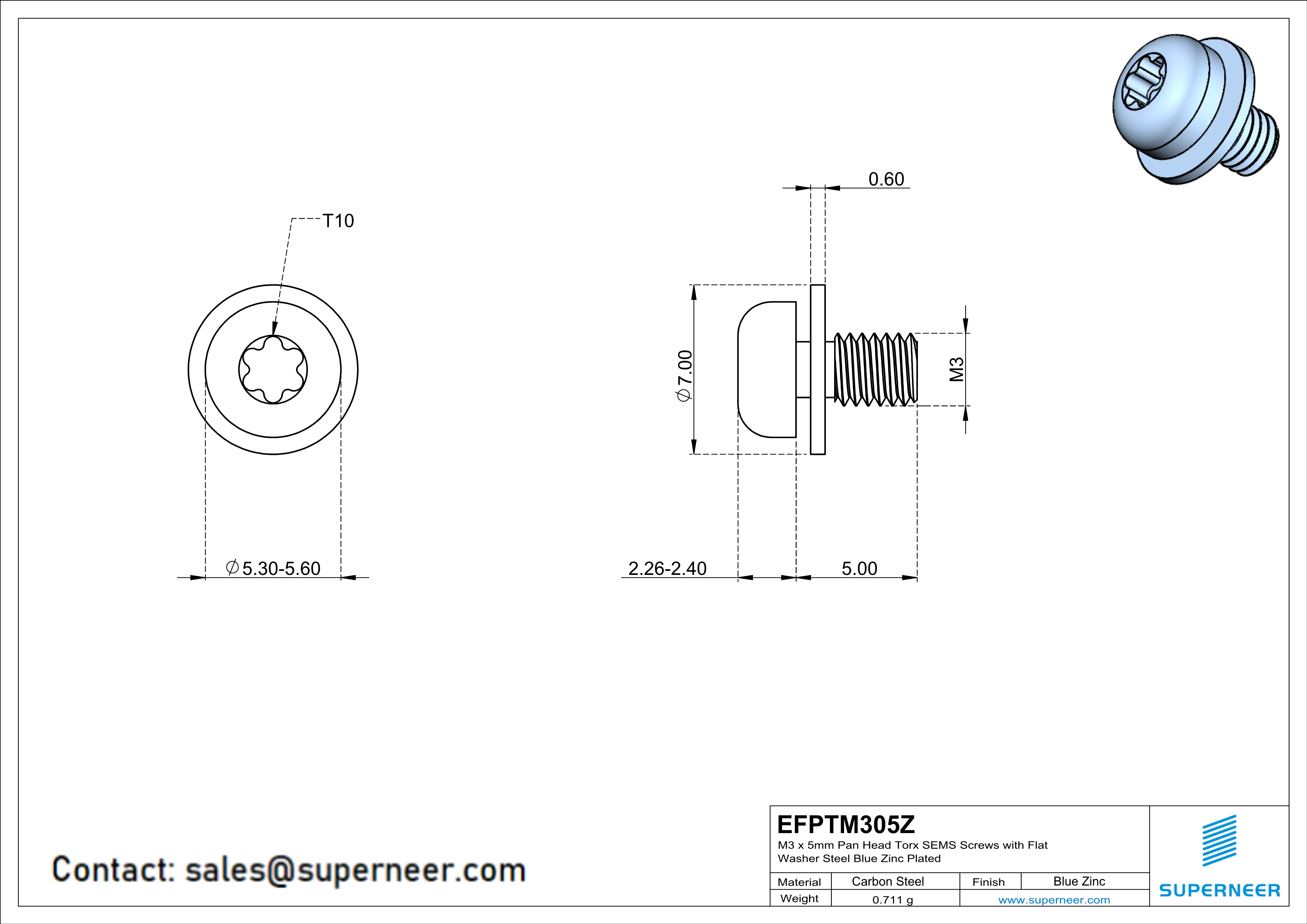 M3 x 5mm Pan Head Torx SEMS Screws with Flat Washer Steel Blue Zinc Plated