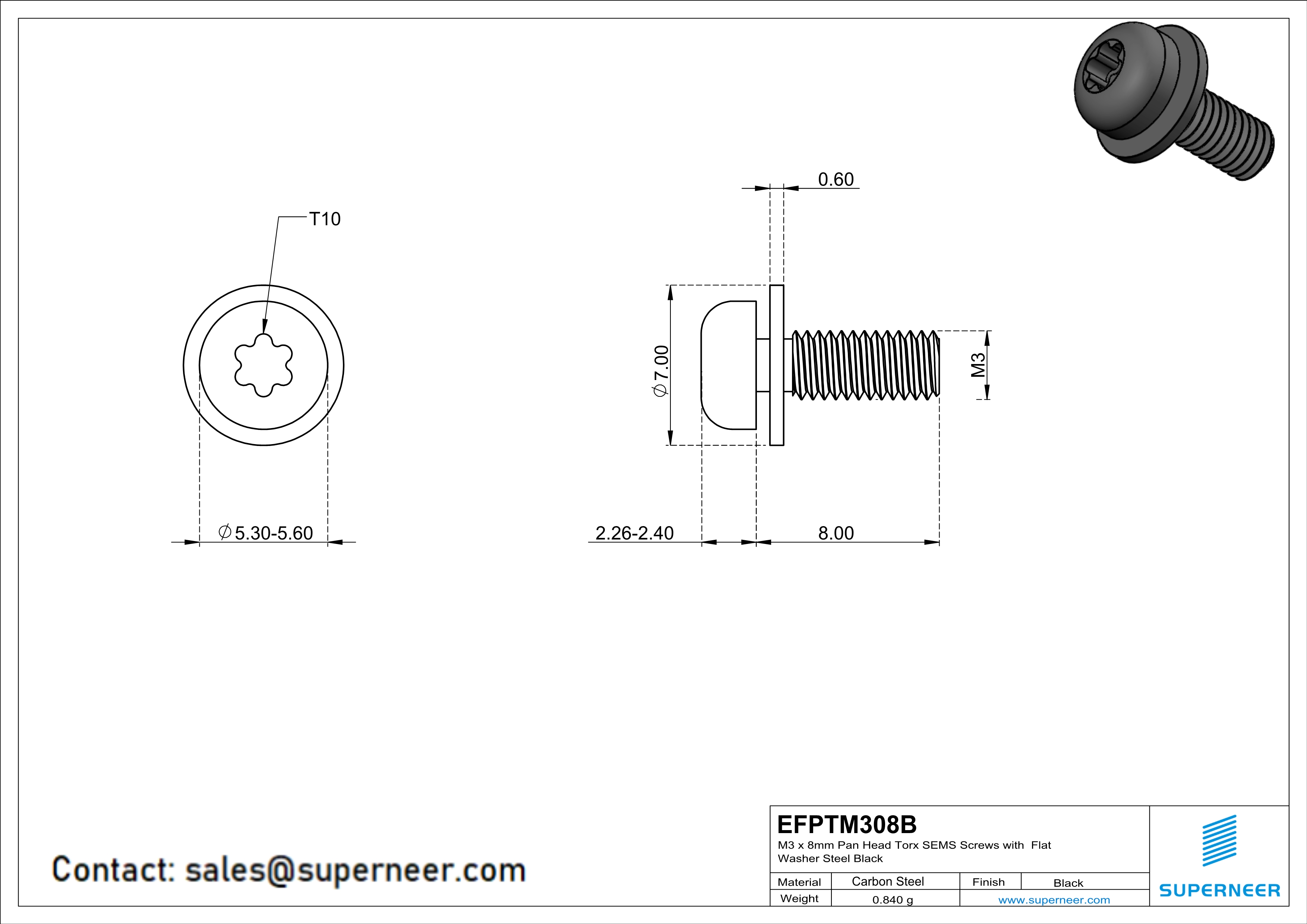 M3 x 8mm Pan Head Torx SEMS Screws with Flat Washer Steel Black