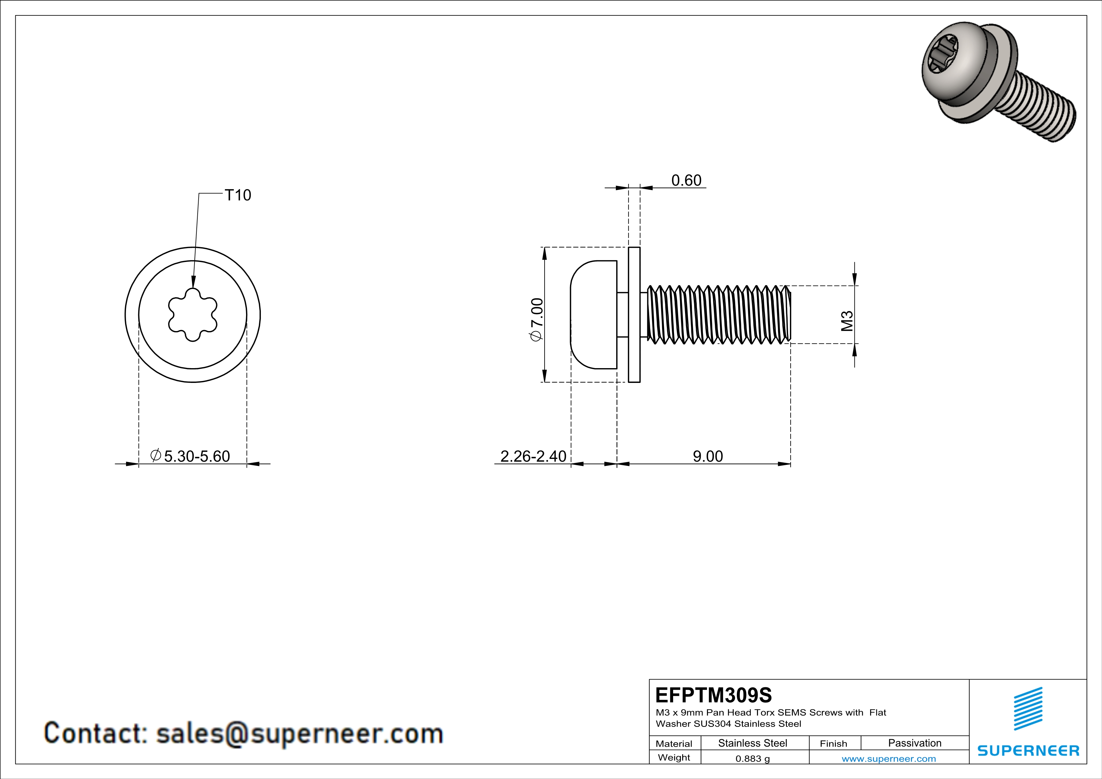 M3 x 9mm Pan Head Torx SEMS Screws with Flat Washer SUS304 Stainless Steel Inox