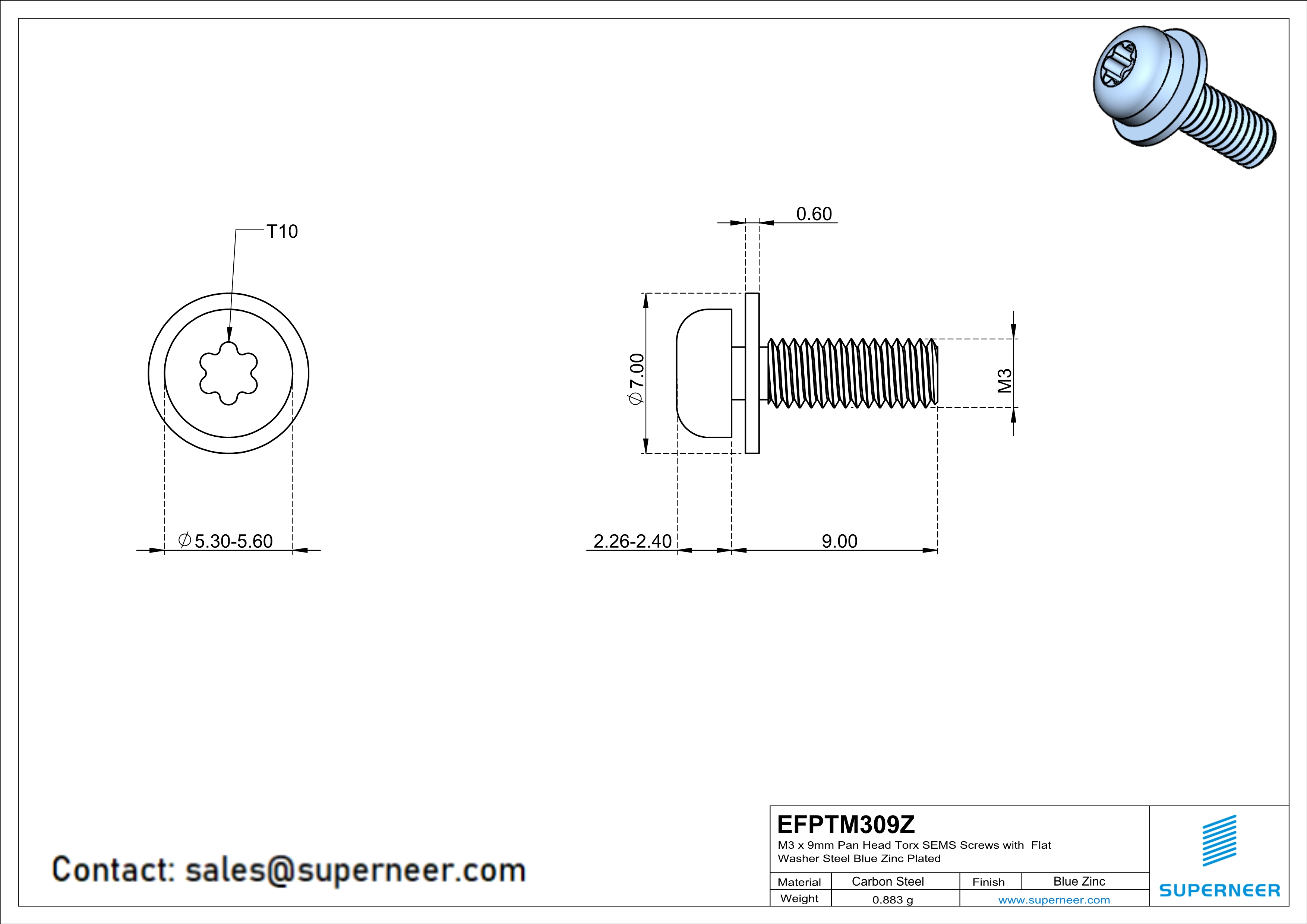 M3 x 9mm Pan Head Torx SEMS Screws with Flat Washer Steel Blue Zinc Plated