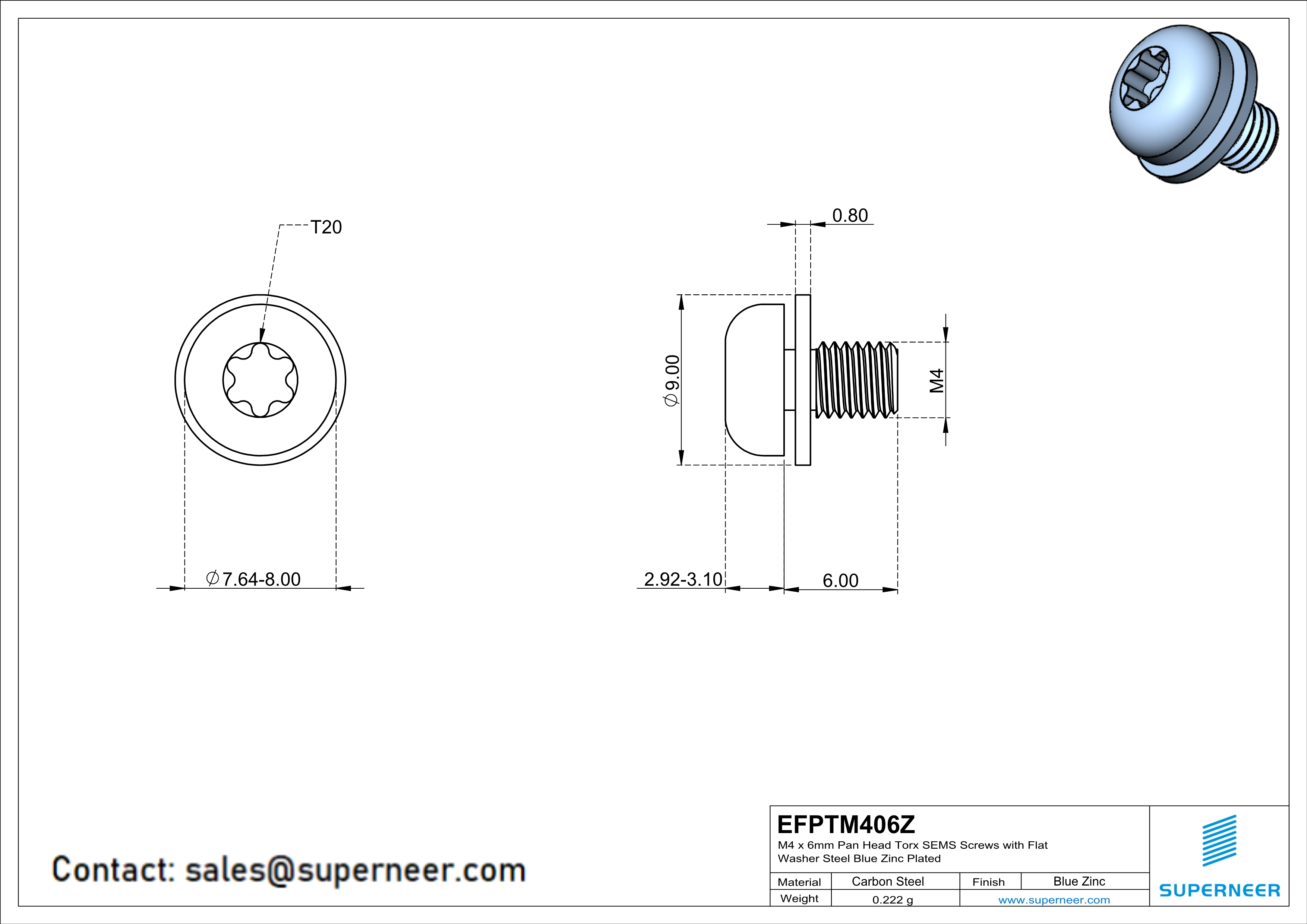 M4 x 6mm Pan Head Torx SEMS Screws with Flat Washer Steel Blue Zinc Plated