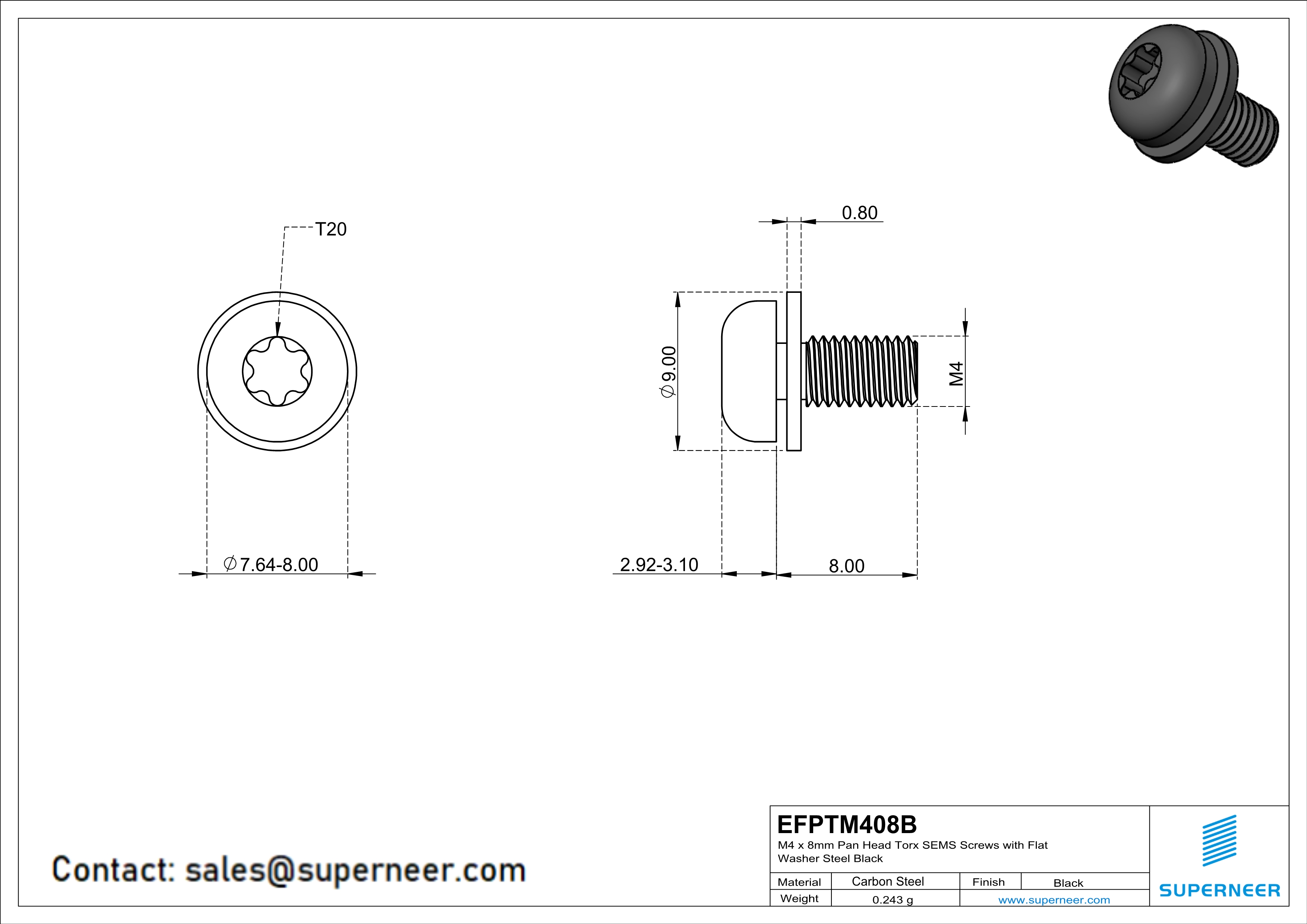M4 x 8mm Pan Head Torx SEMS Screws with Flat Washer Steel Black