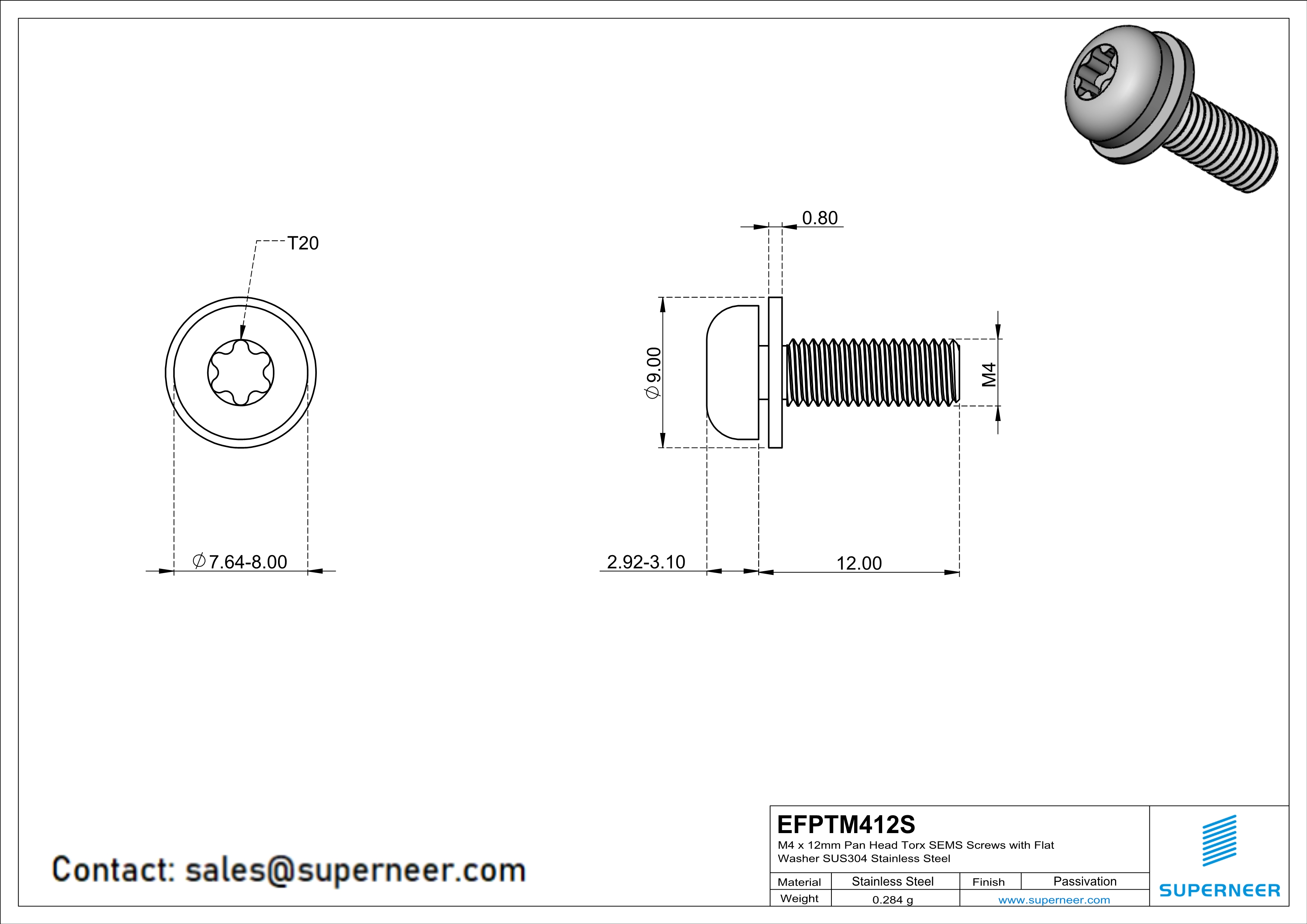 M4 x 12mm Pan Head Torx SEMS Screws with Flat Washer SUS304 Stainless Steel Inox